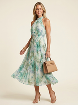 Alma | Pleated Halter Floral Midi Dress - Tillybelle