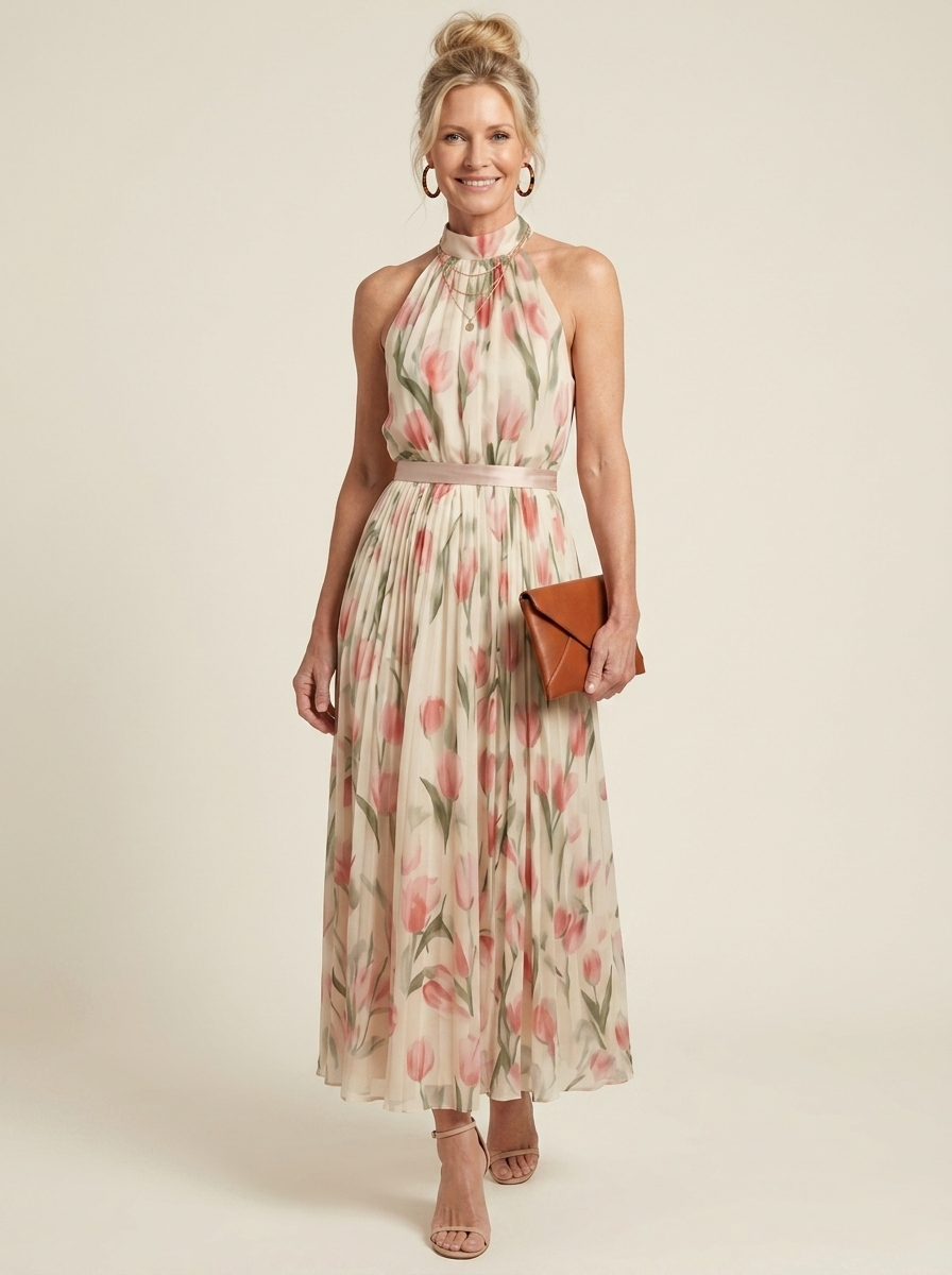 Neve | Halter Neck Floral Midi Dress - Tillybelle