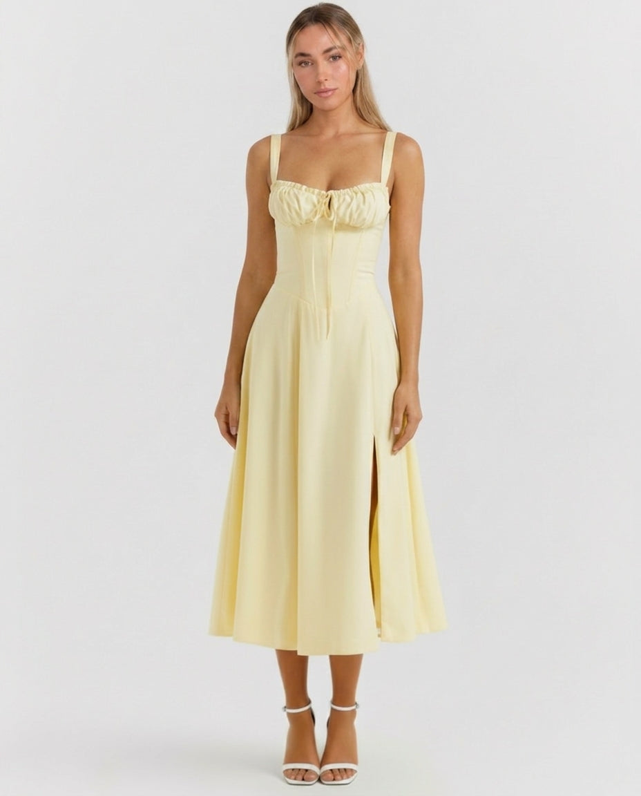 Aurora buttercup corset midi dress front