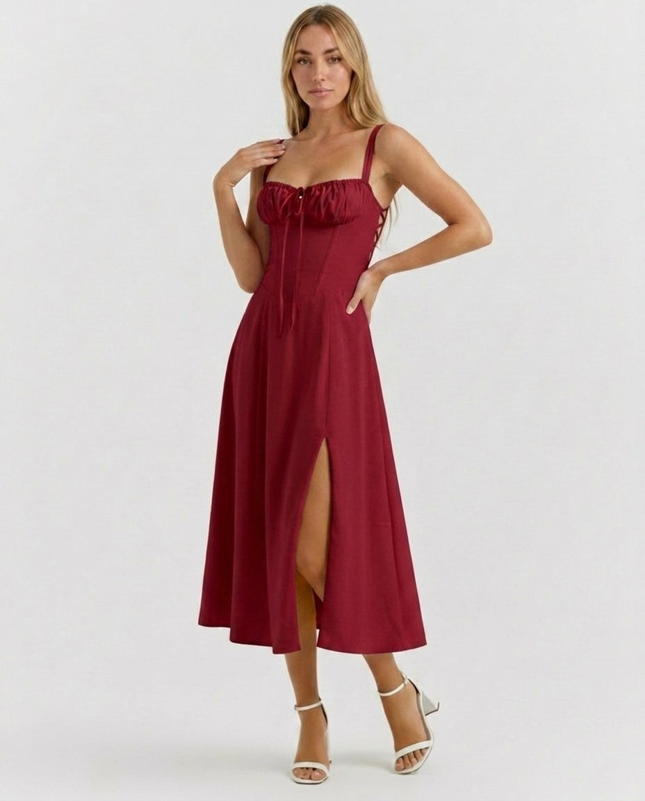 Soleil | Lace-Up Corset Midi Dress