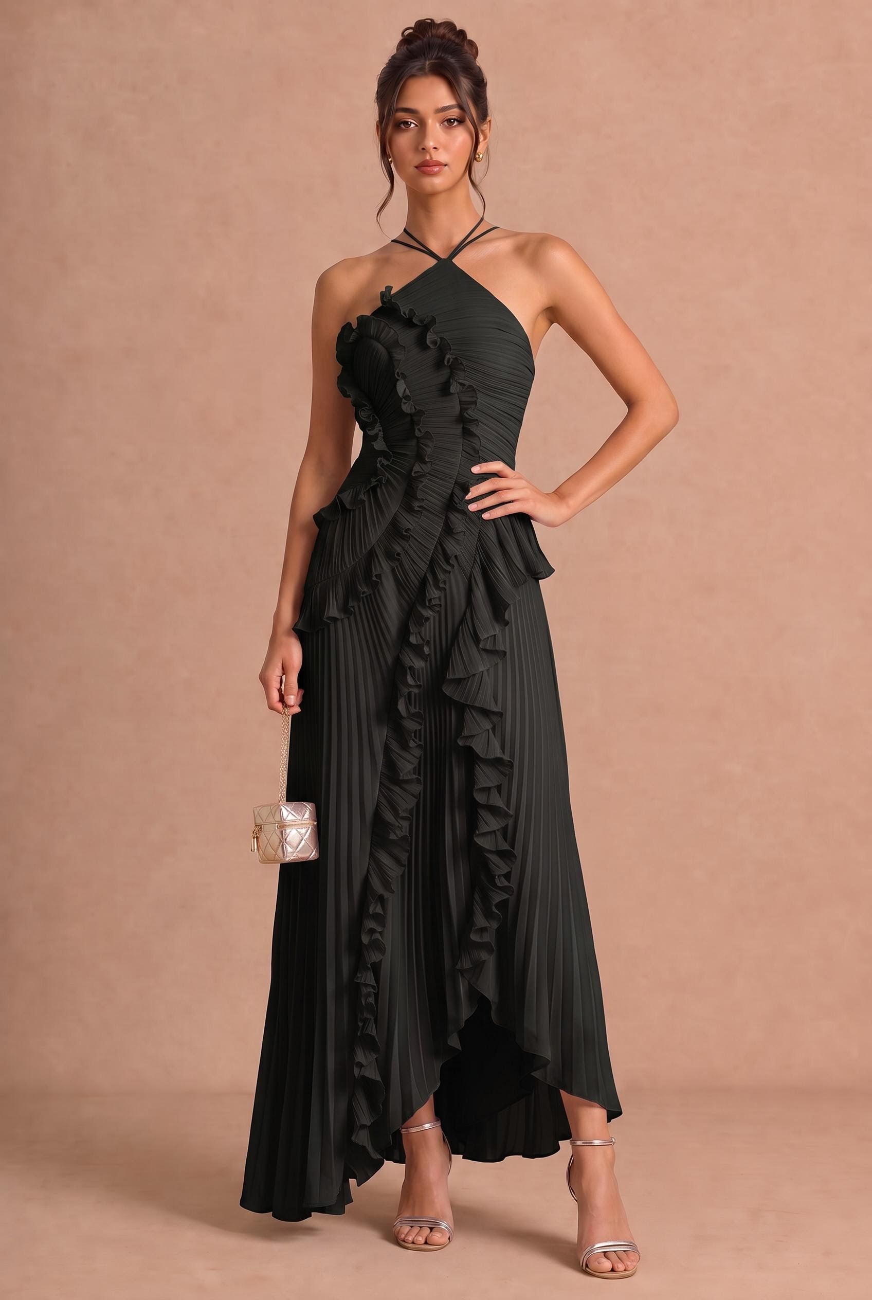 Aveline Black asymmetric pleated halter ruffle maxi dress, front view