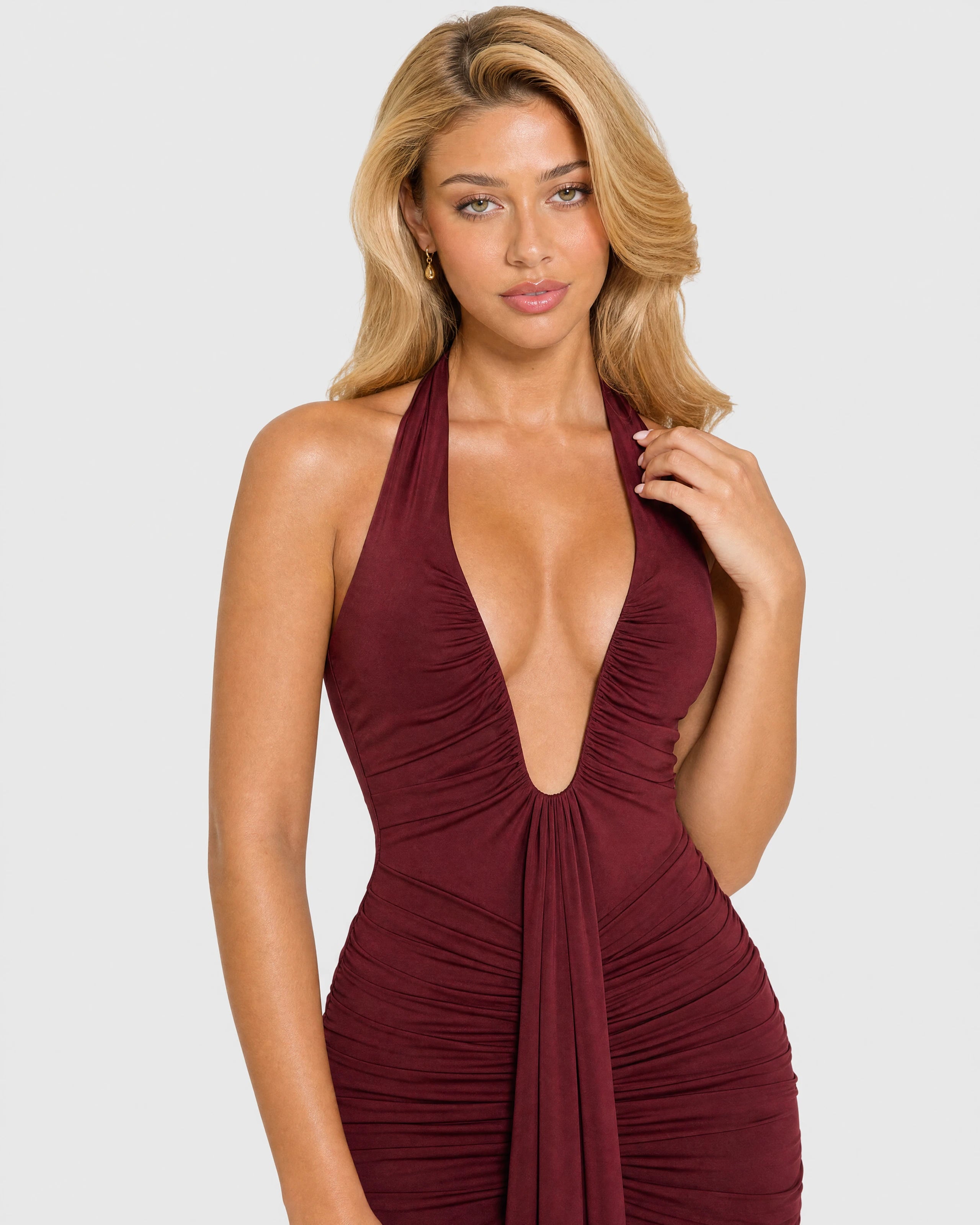 Liliane burgundy plunge halter maxi dress - neckline close-up