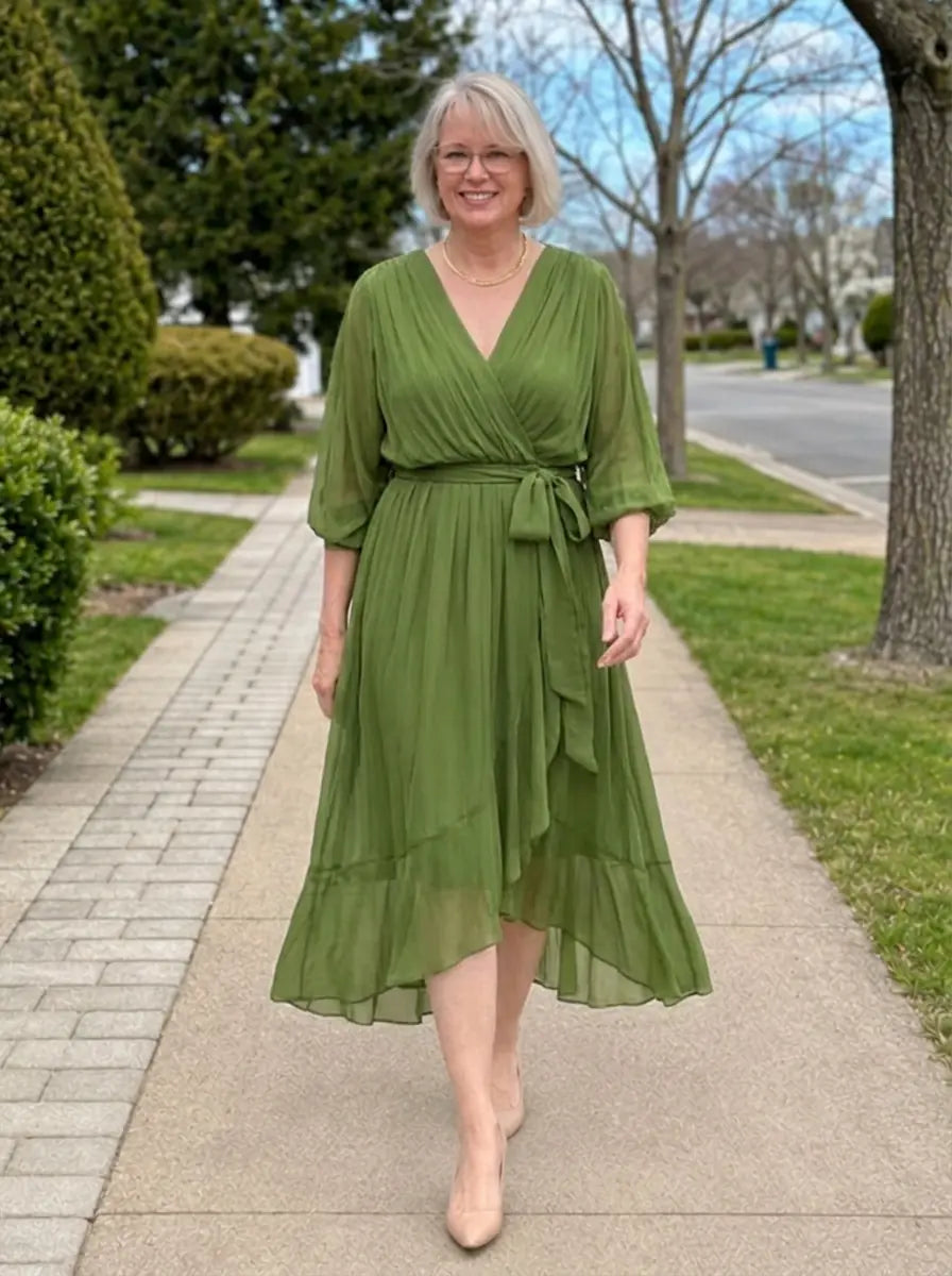 Louisa | Chiffon V-Neck Dress - Green - Tillybelle