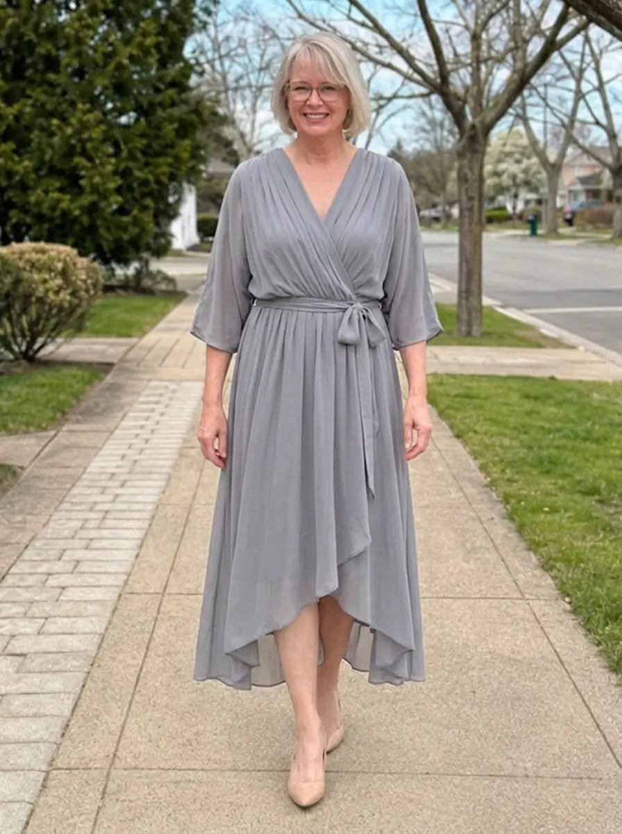 Louisa | Chiffon V-Neck Dress - Grey - Tillybelle