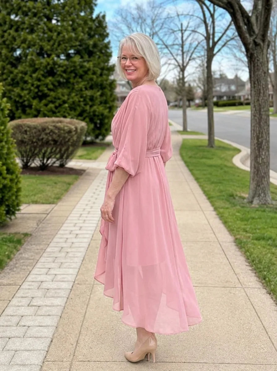 Louisa | Chiffon V-Neck Dress - Pink - Tillybelle