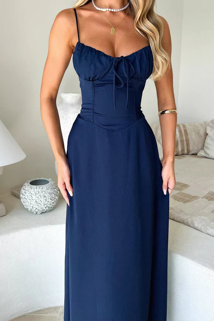 Soleil lace-up corset midi dress in dark blue - back