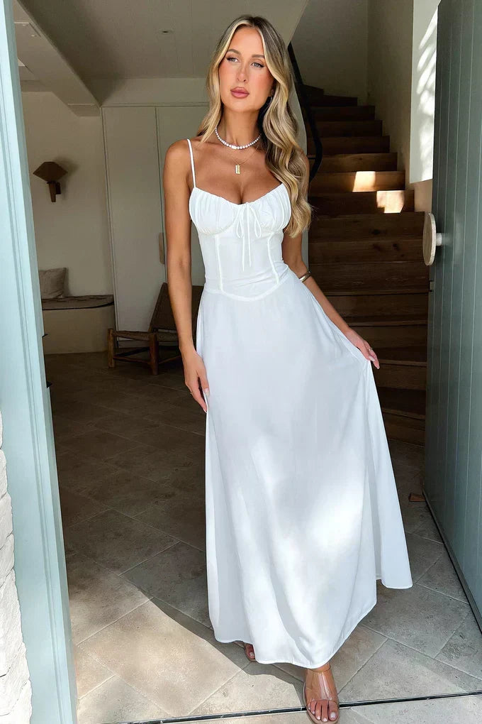 Soleil lace-up corset midi dress in white - front