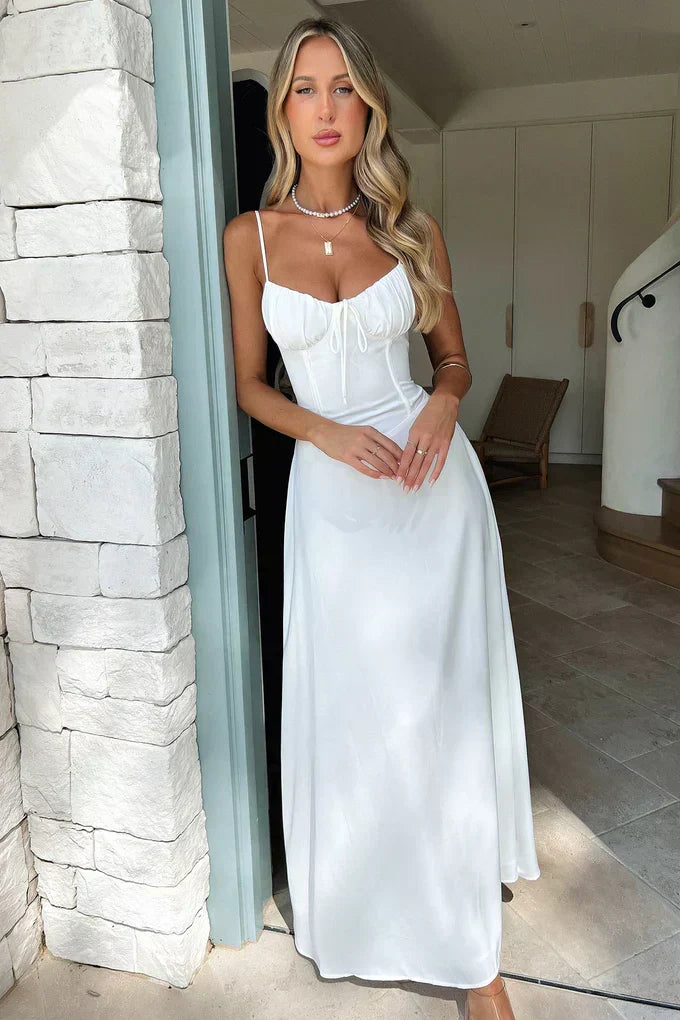 Soleil lace-up corset midi dress in white - front three-quarter