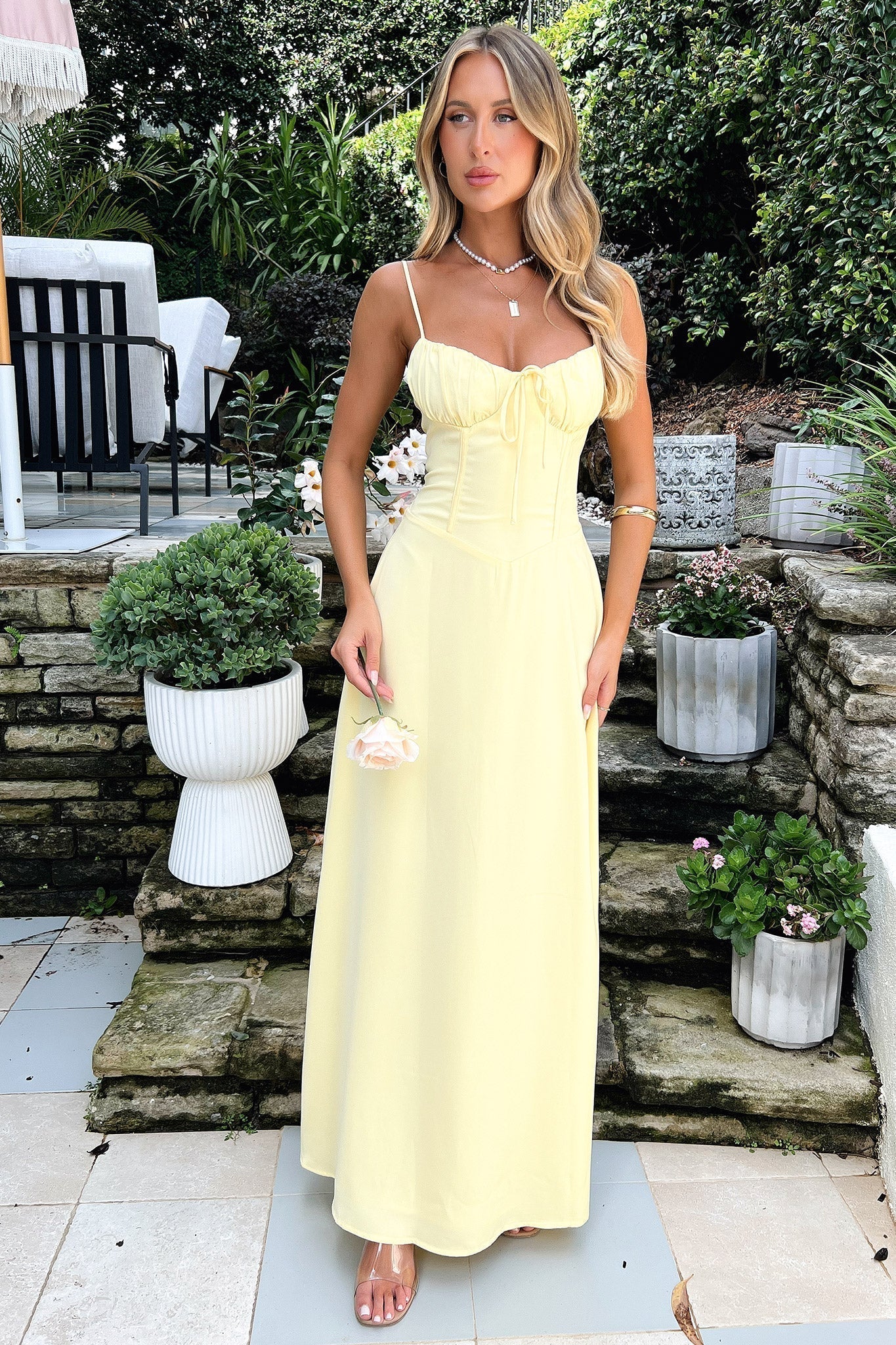 Soleil lace-up corset midi dress in butter yellow - front
