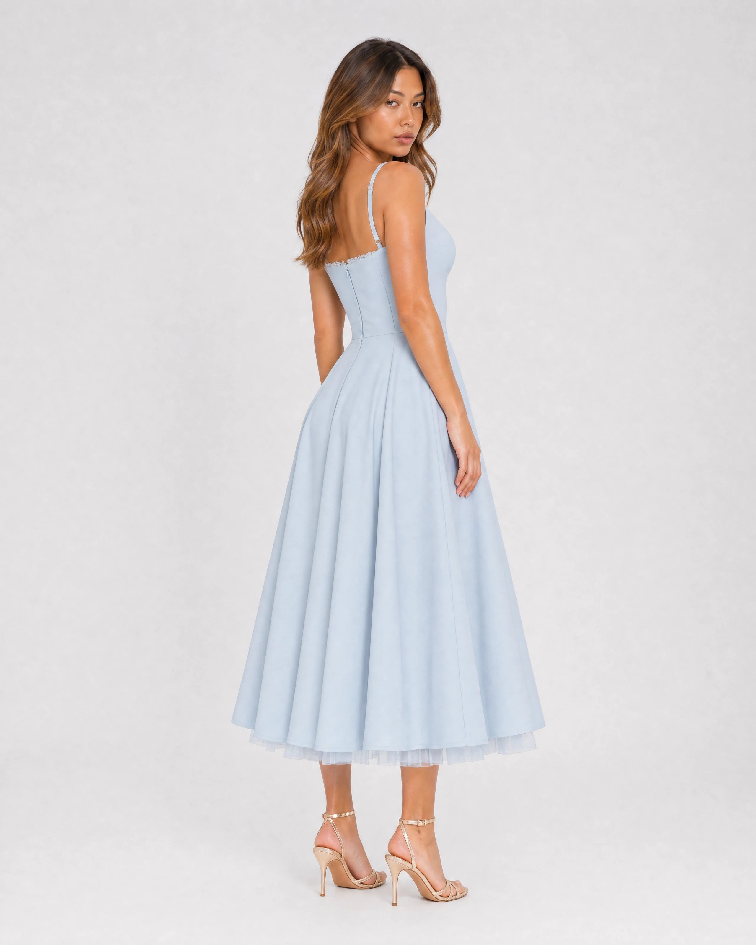Mirabelle baby blue tulle midi dress, three-quarter back