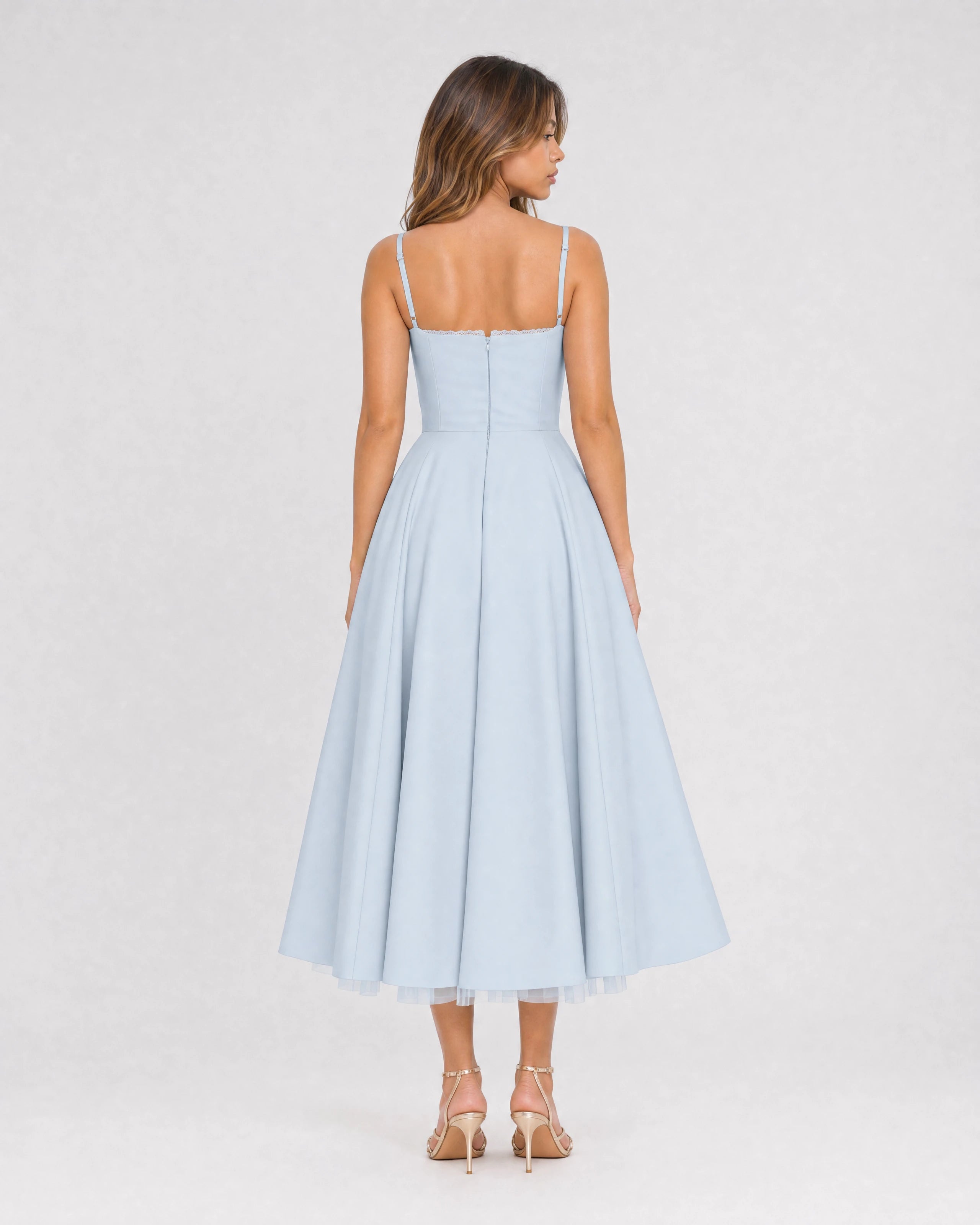 Mirabelle baby blue tulle midi dress, back view