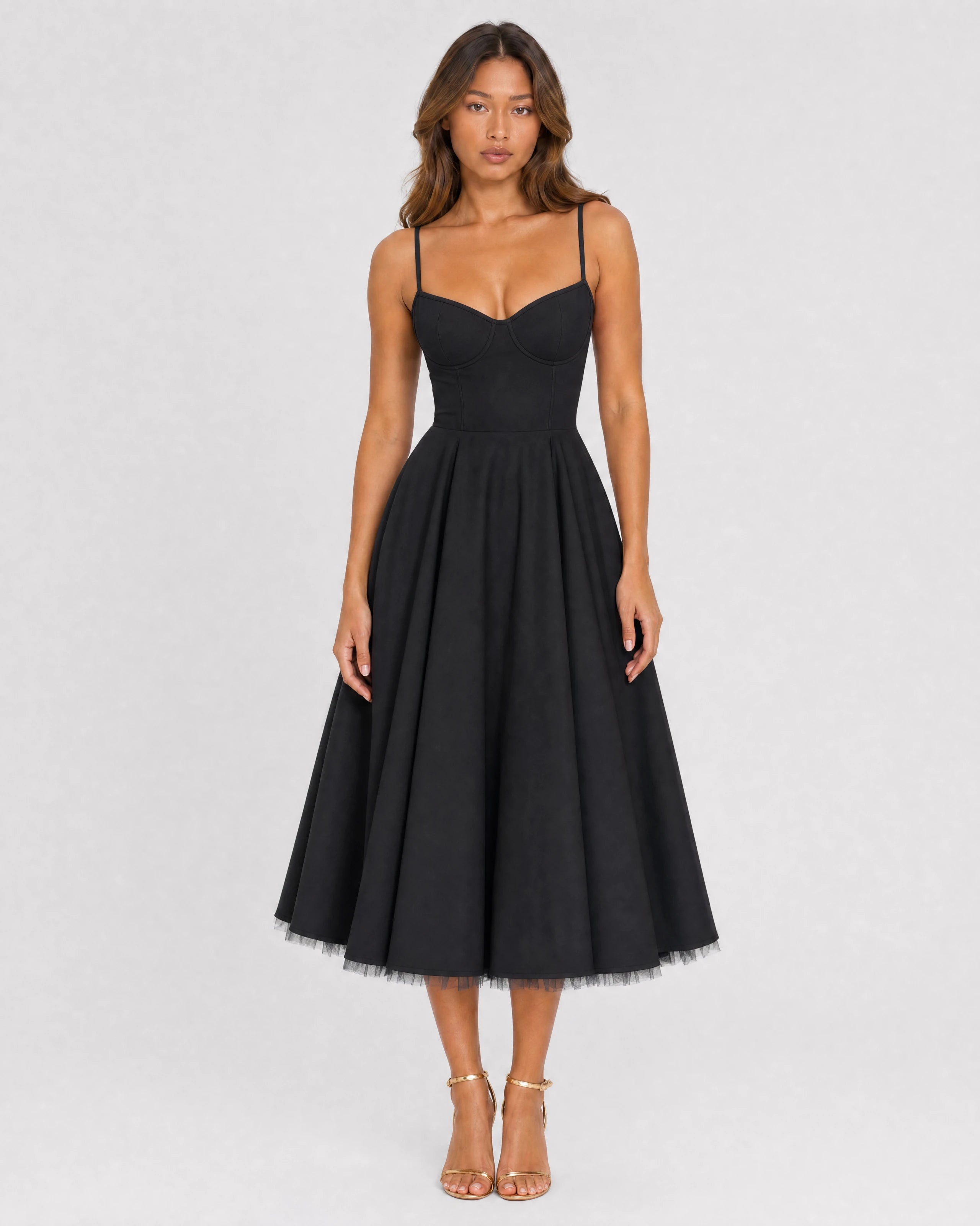Mirabelle sweetheart tulle midi dress in black, front studio