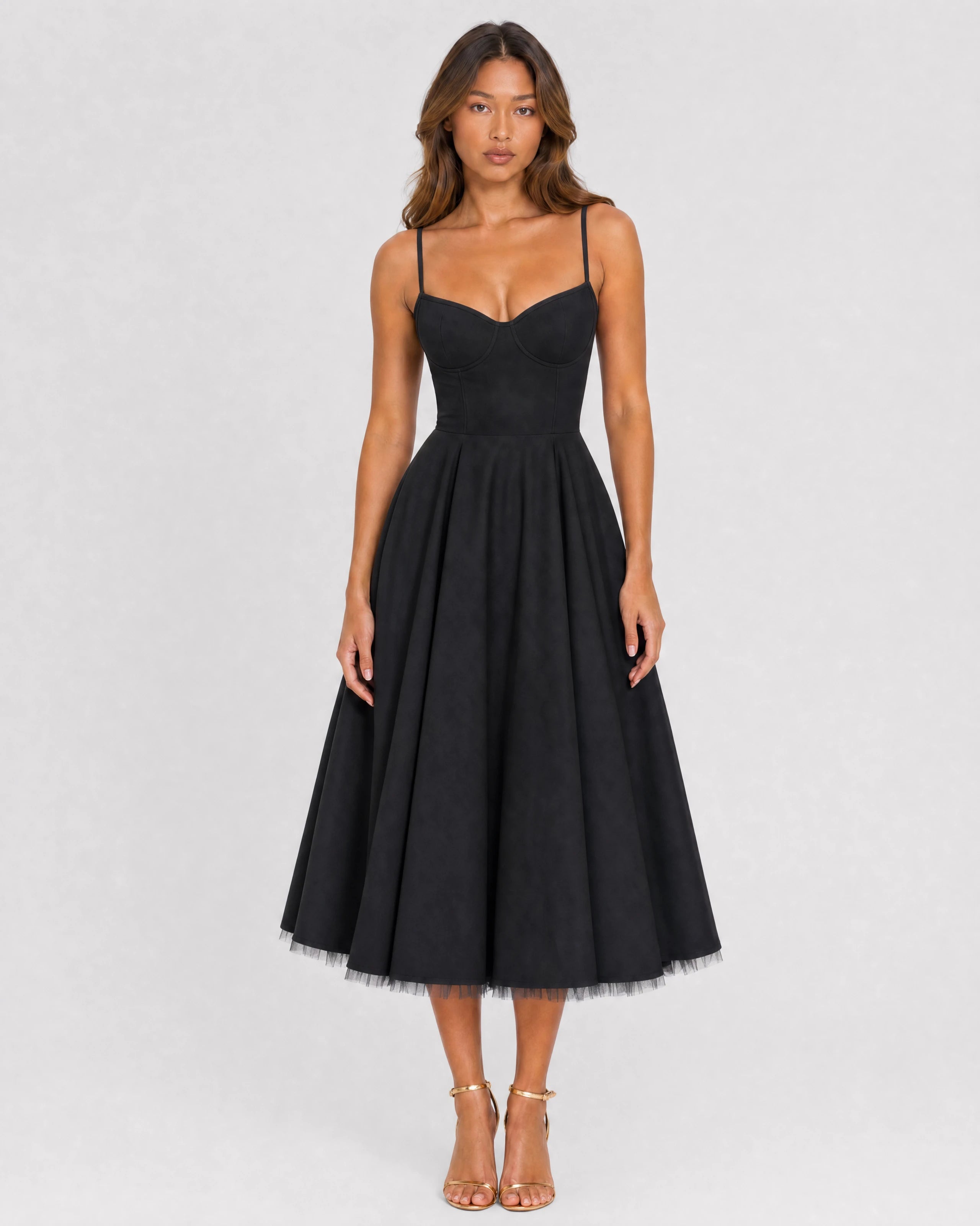 Mirabelle sweetheart tulle midi dress in black, skirt in motion