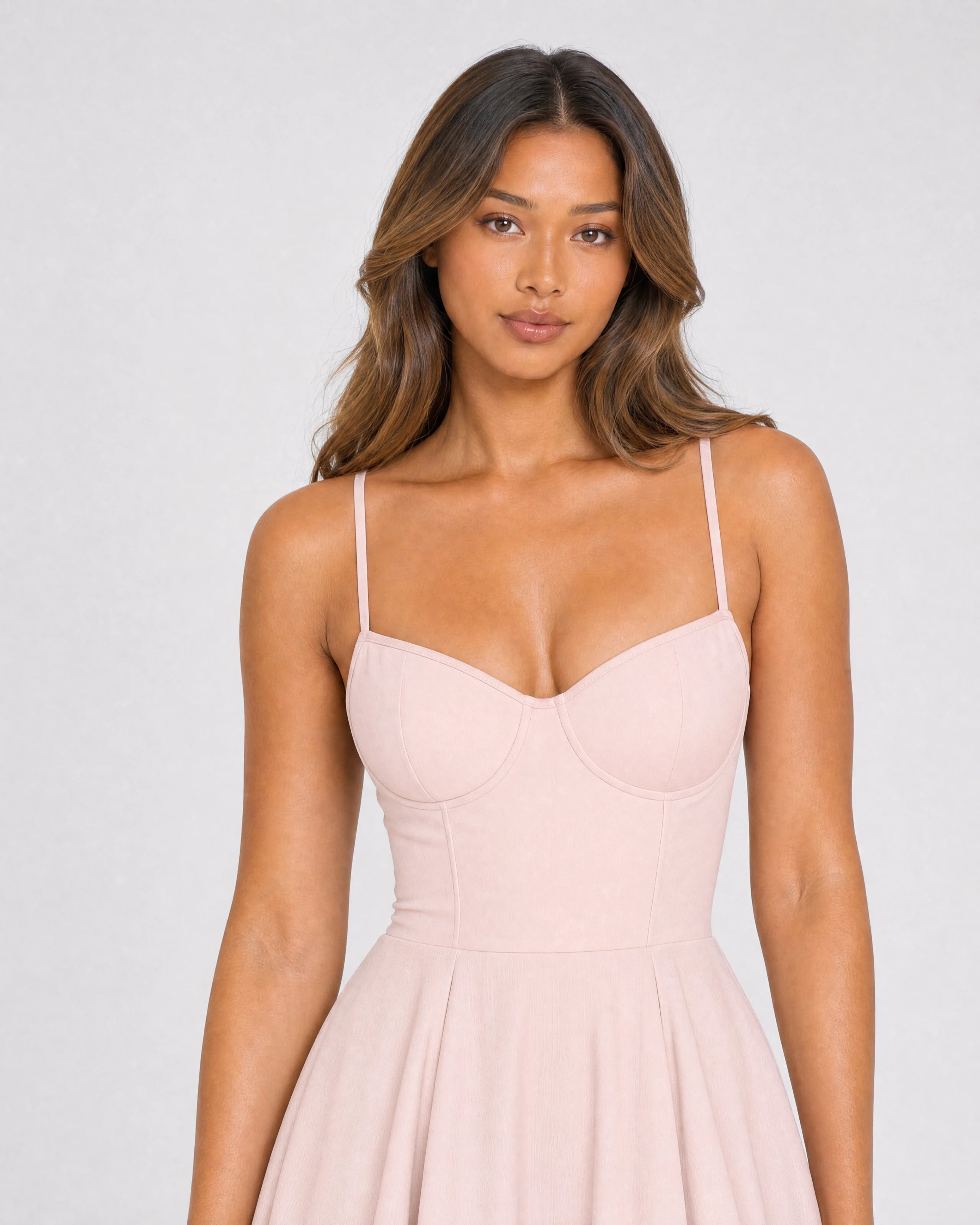 Mirabelle sweetheart tulle midi dress in blush pink, bodice close-up