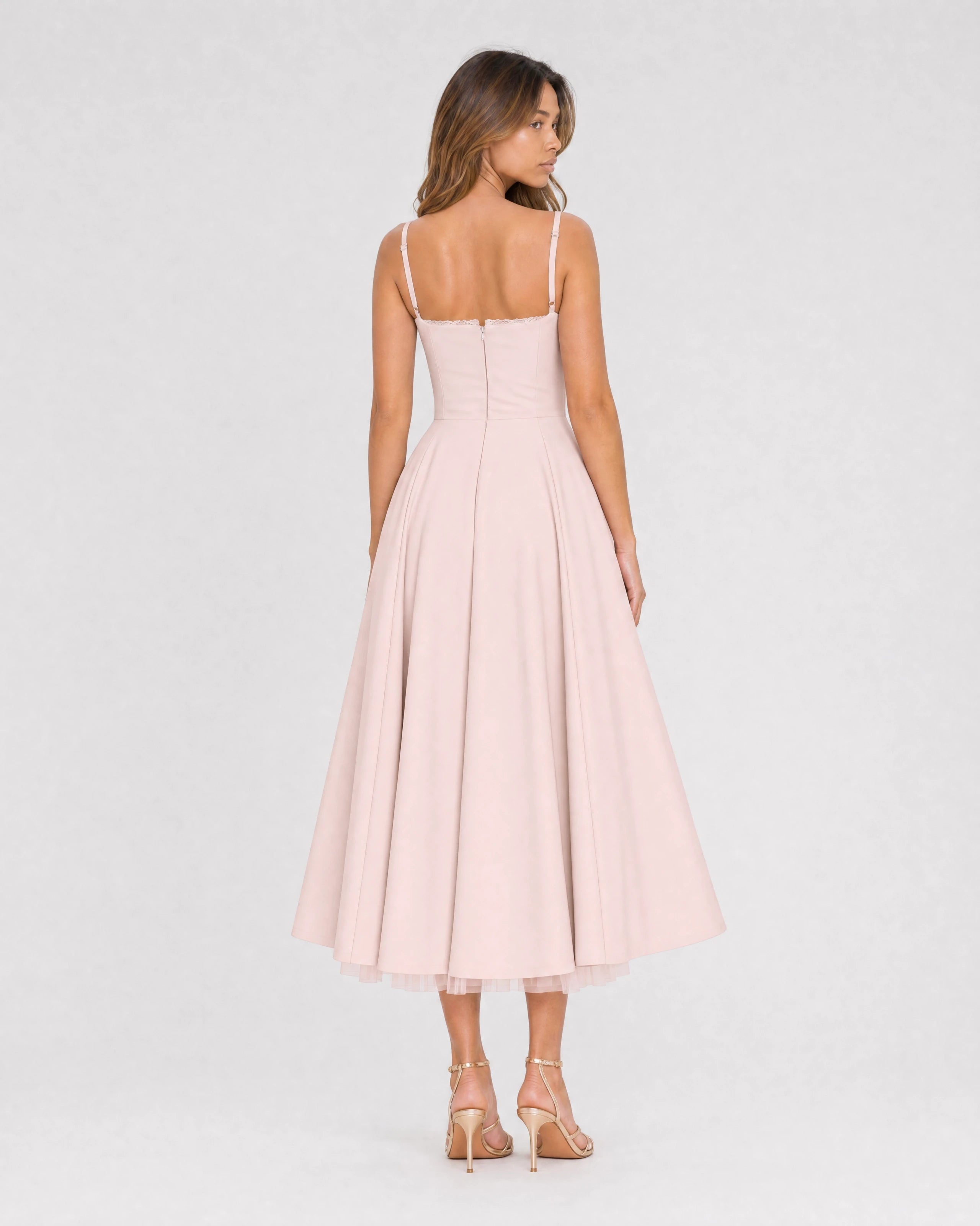 Mirabelle sweetheart tulle midi dress in blush pink, back view
