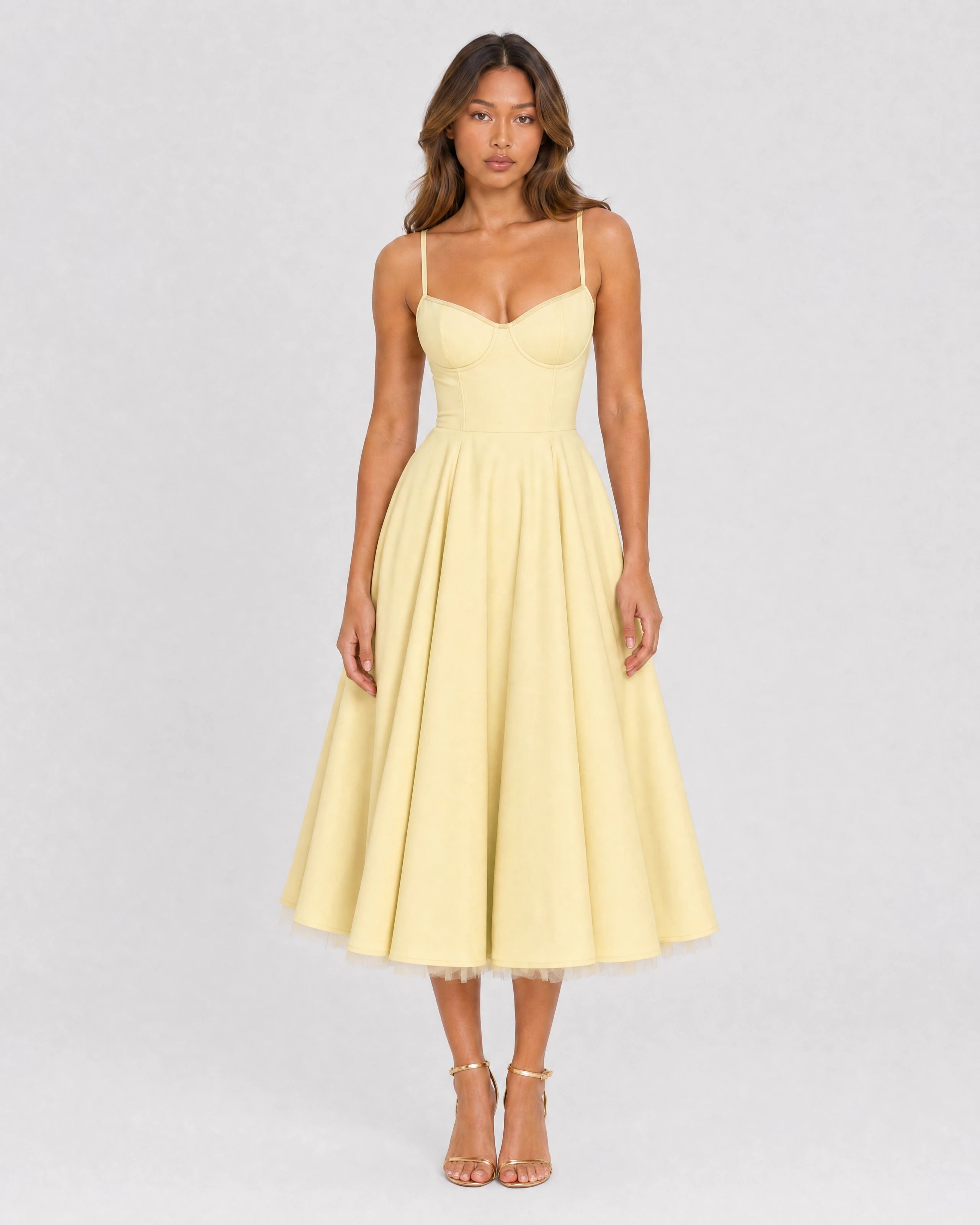 Mirabelle sweetheart tulle midi dress in butter yellow, front studio