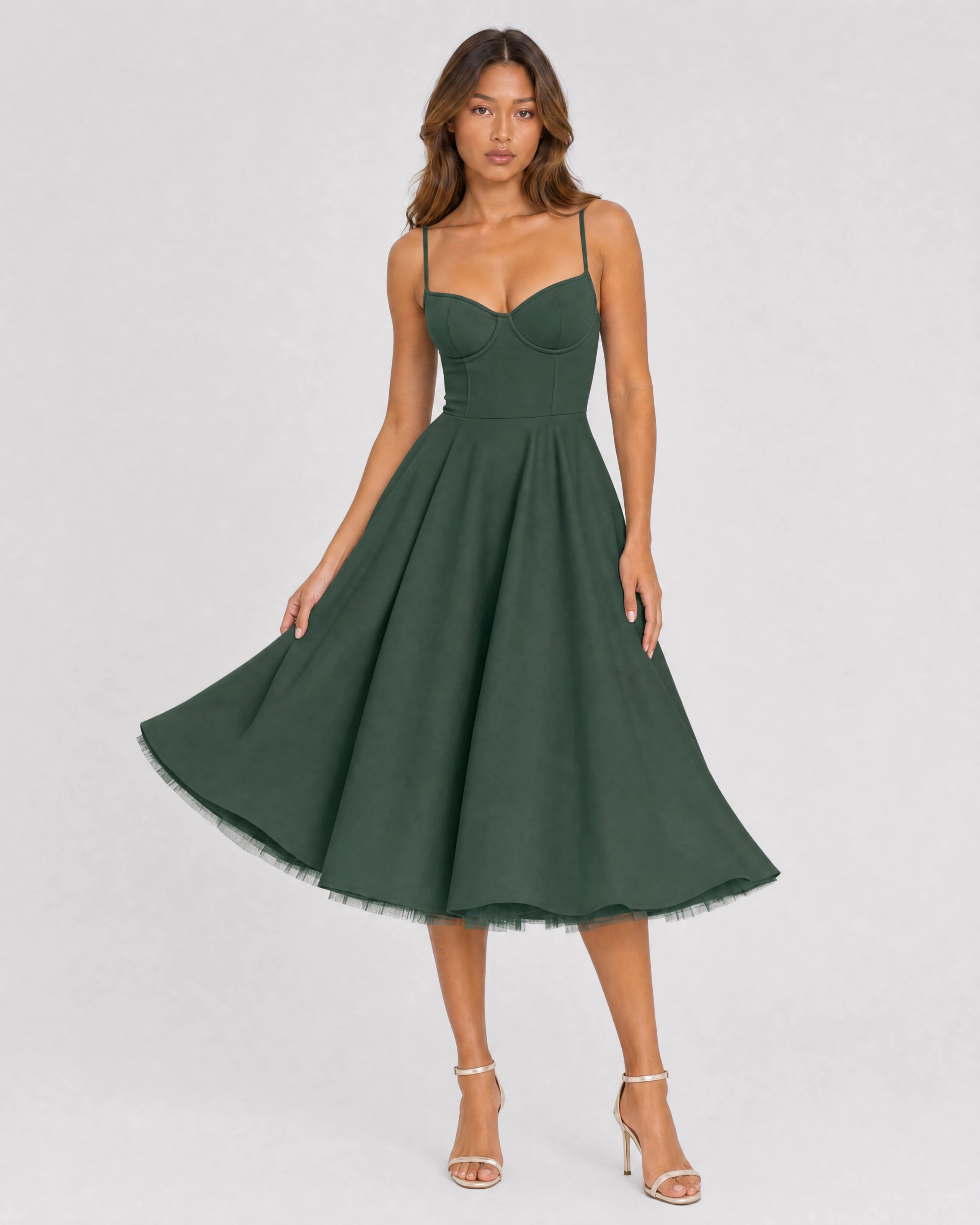 Mirabelle sweetheart tulle midi dress in forest green, skirt in motion