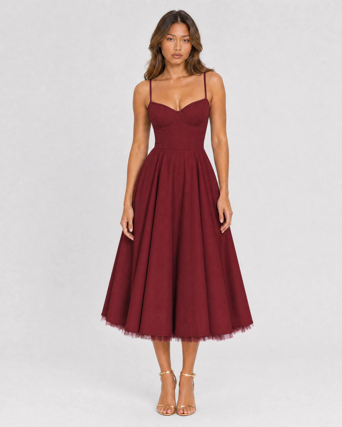 Mirabelle sweetheart tulle midi dress in wine red, front studio