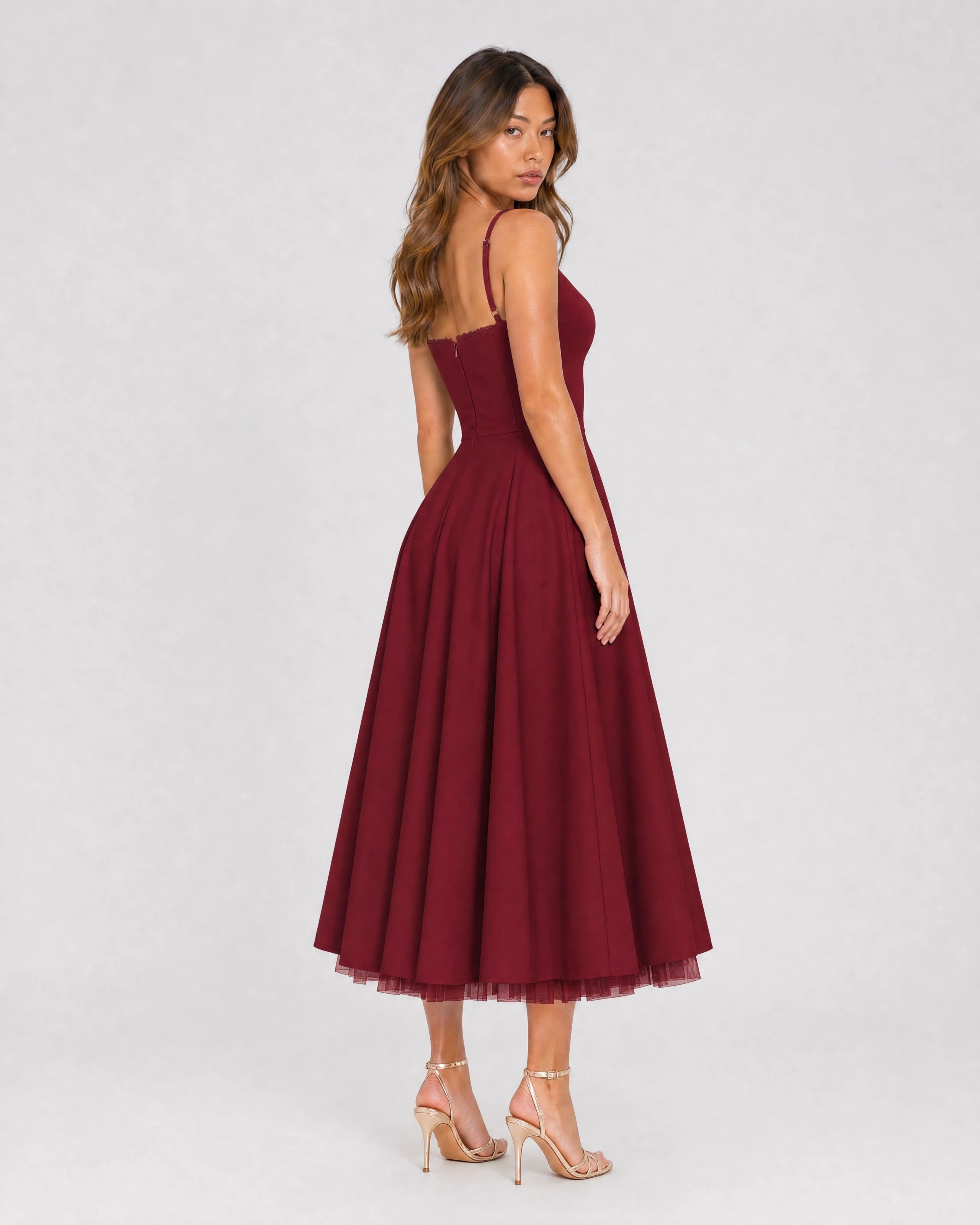 Mirabelle sweetheart tulle midi dress in wine red, three-quarter back