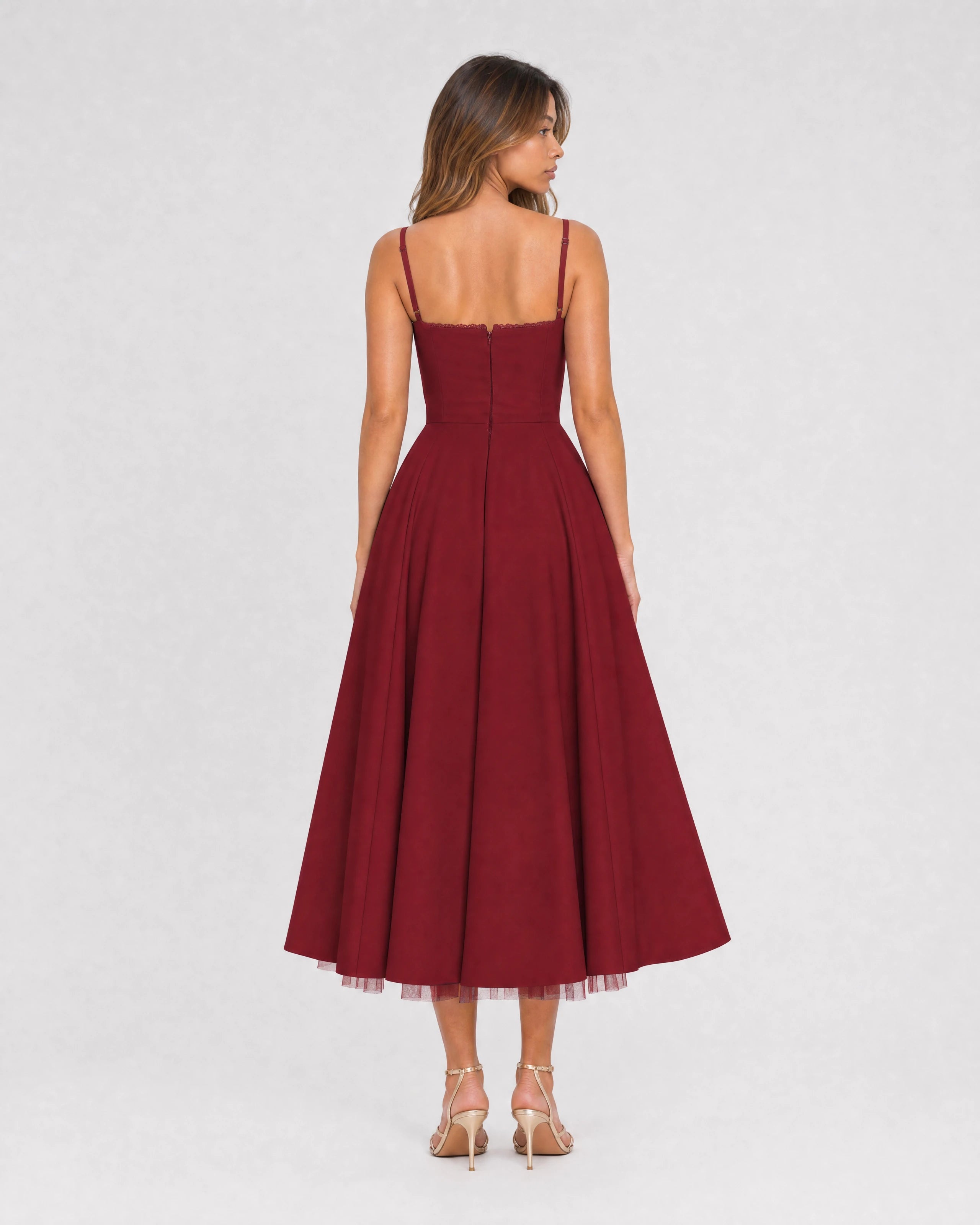 Mirabelle sweetheart tulle midi dress in wine red, back view
