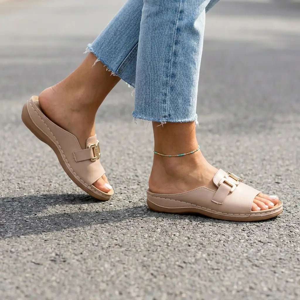 Monroe | Orthopedic Buckle Slide Sandals - Nude - Tillybelle