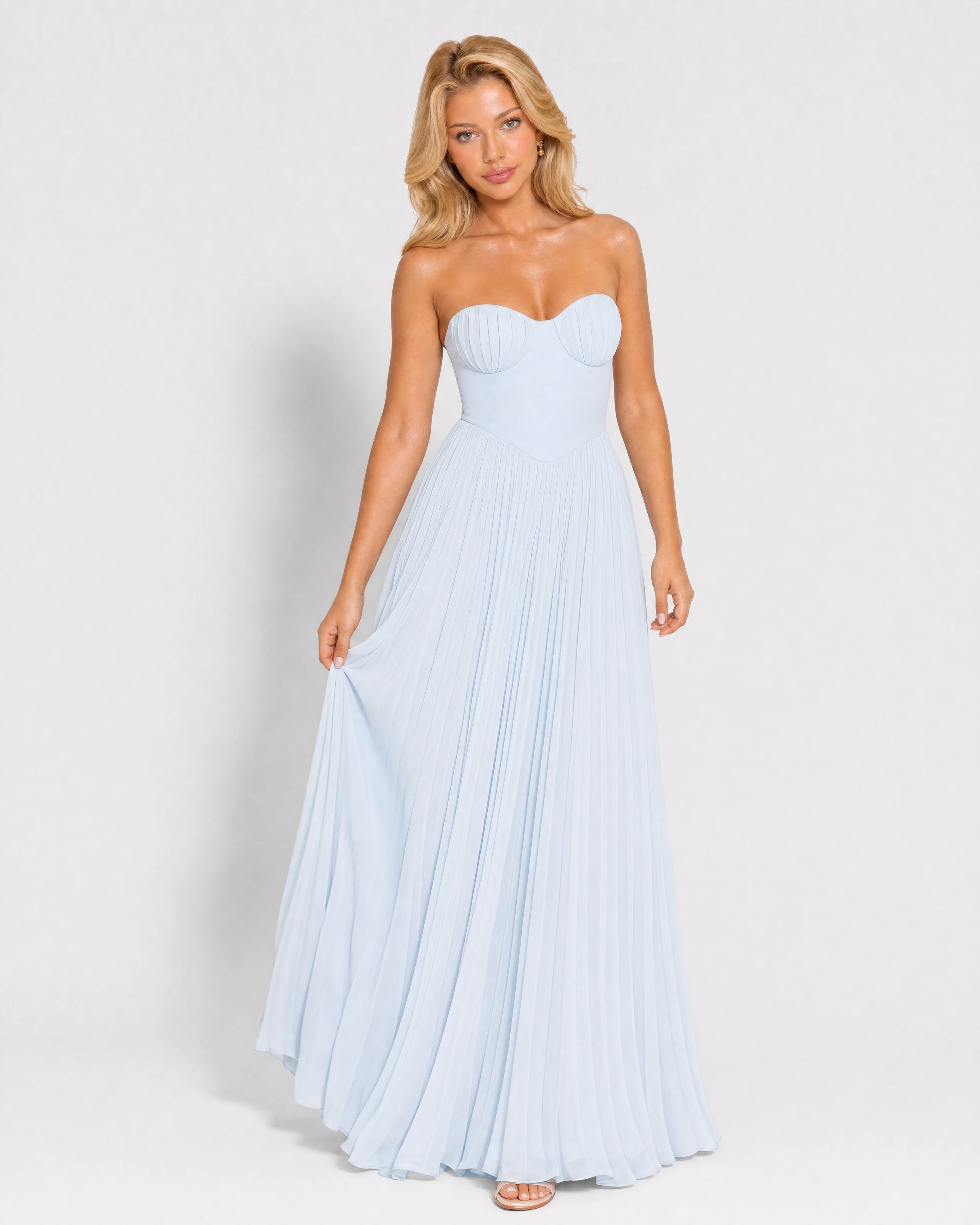 Noelle sky blue pleated maxi dress - front three-quarter