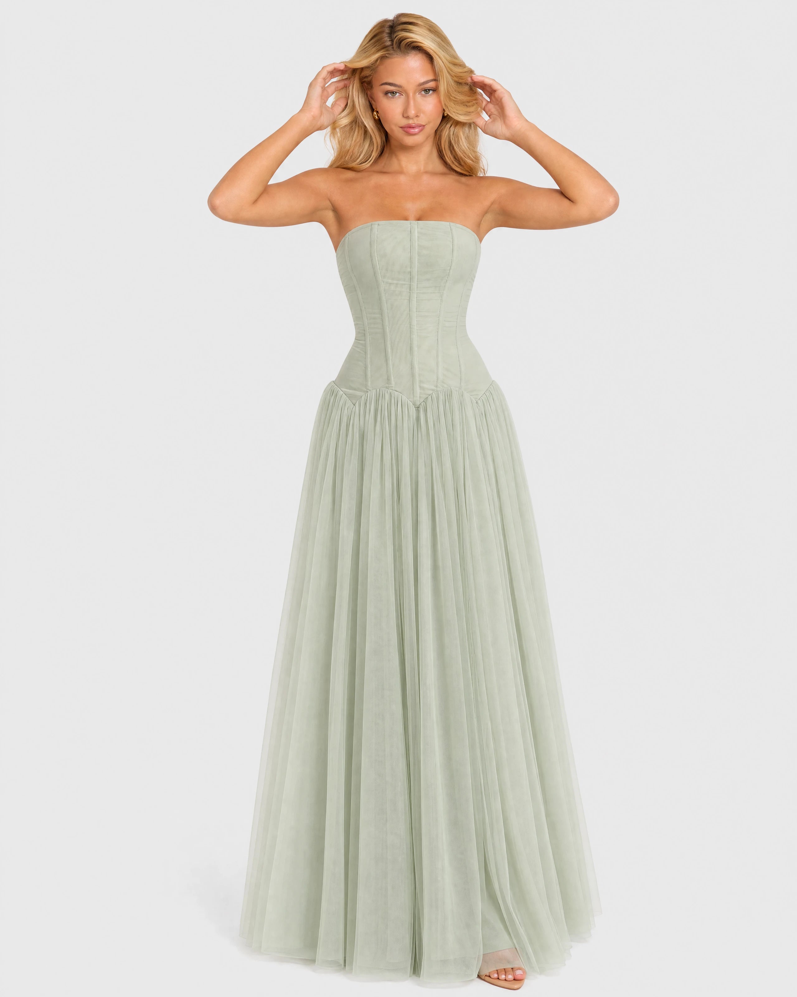Odelie sage green tulle maxi gown - styled view