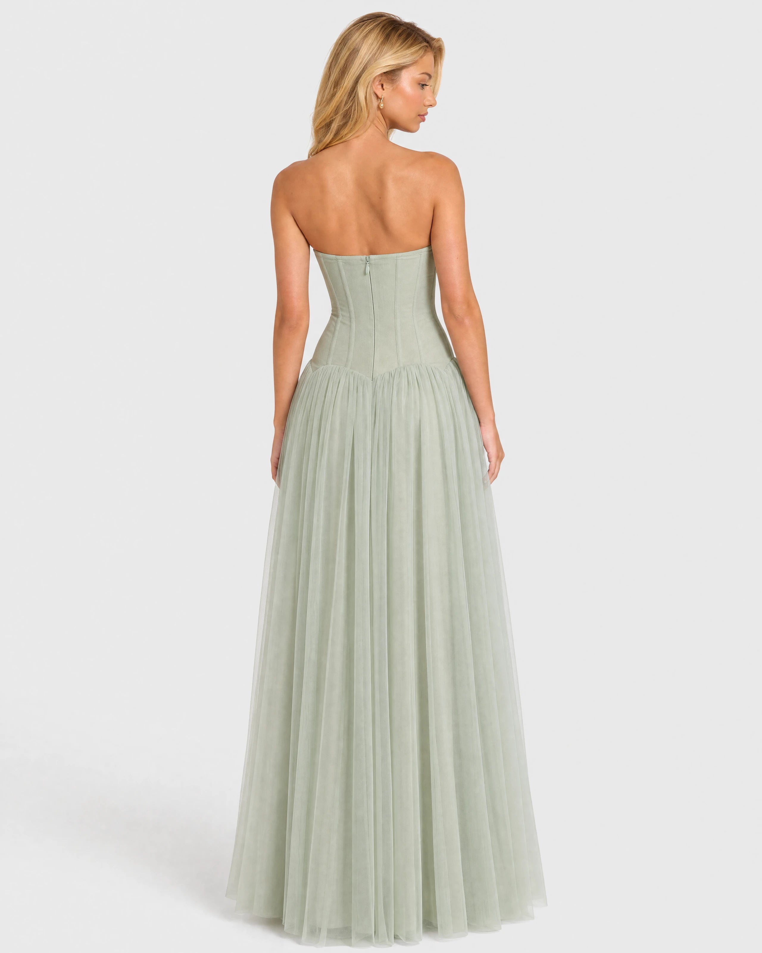 Odelie sage green tulle maxi gown - back with zip