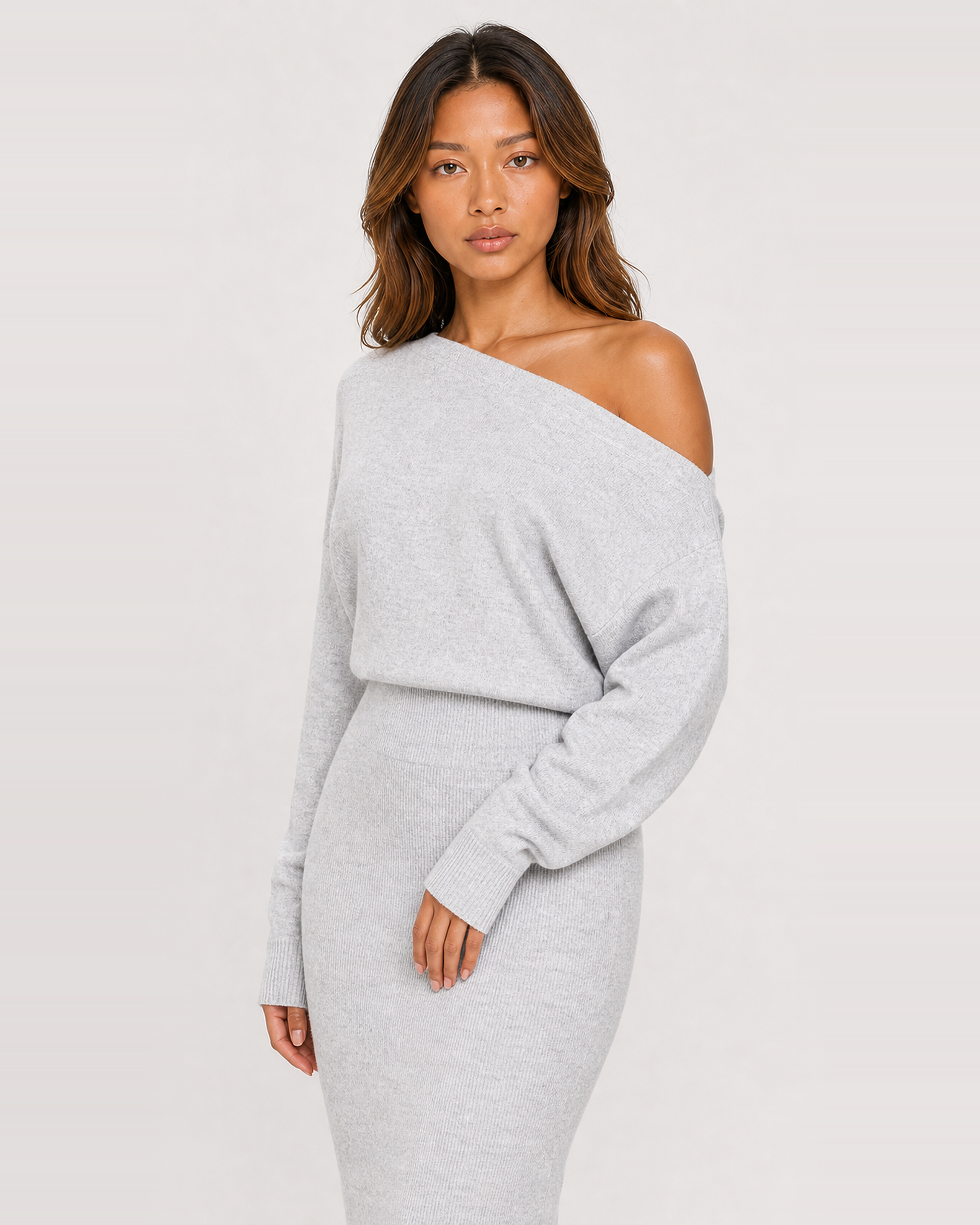 Odette Grey knit maxi dress, front close-up of off-shoulder neckline and ribbed waistband