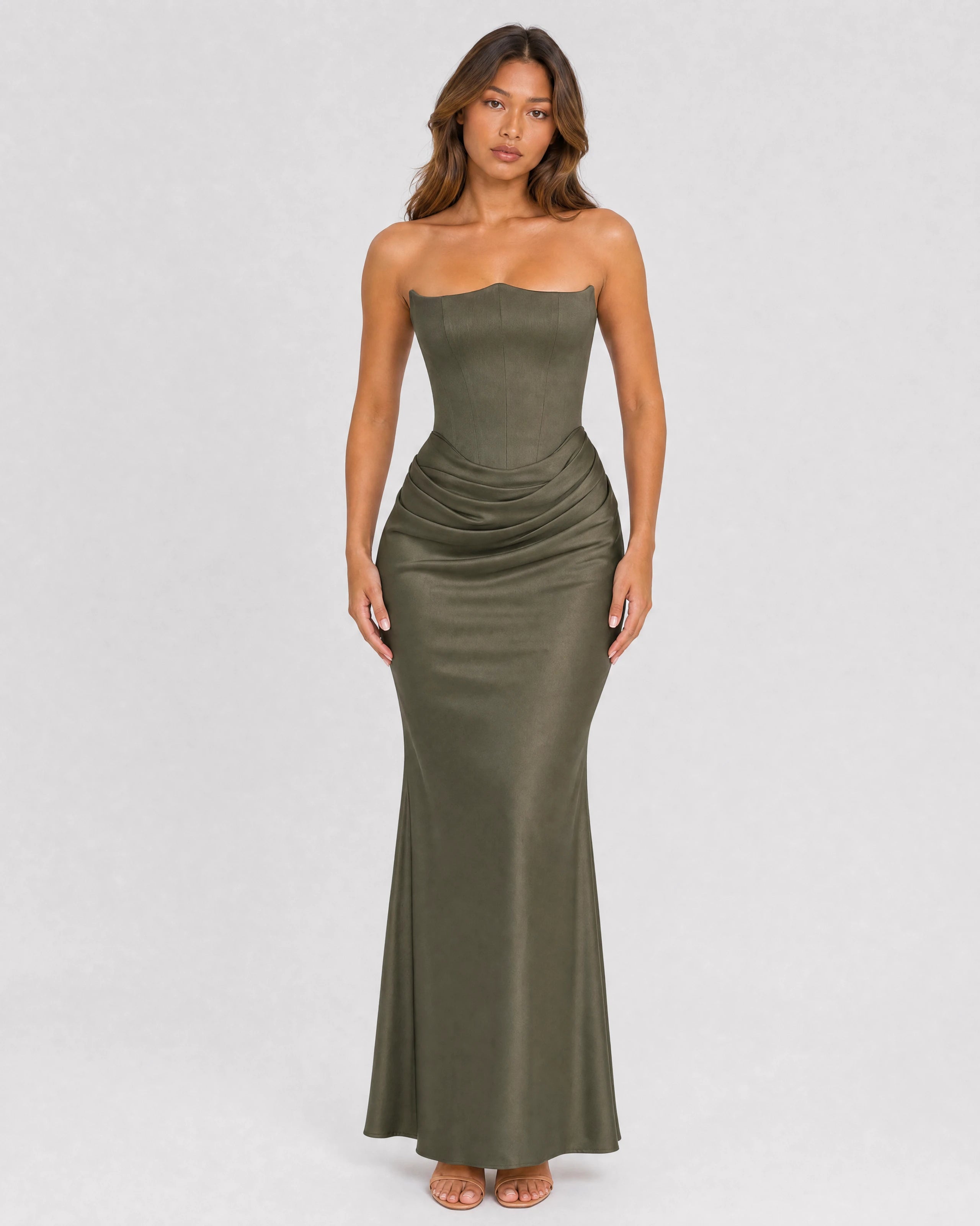 Ondine strapless satin corset maxi dress in olive green, front variant