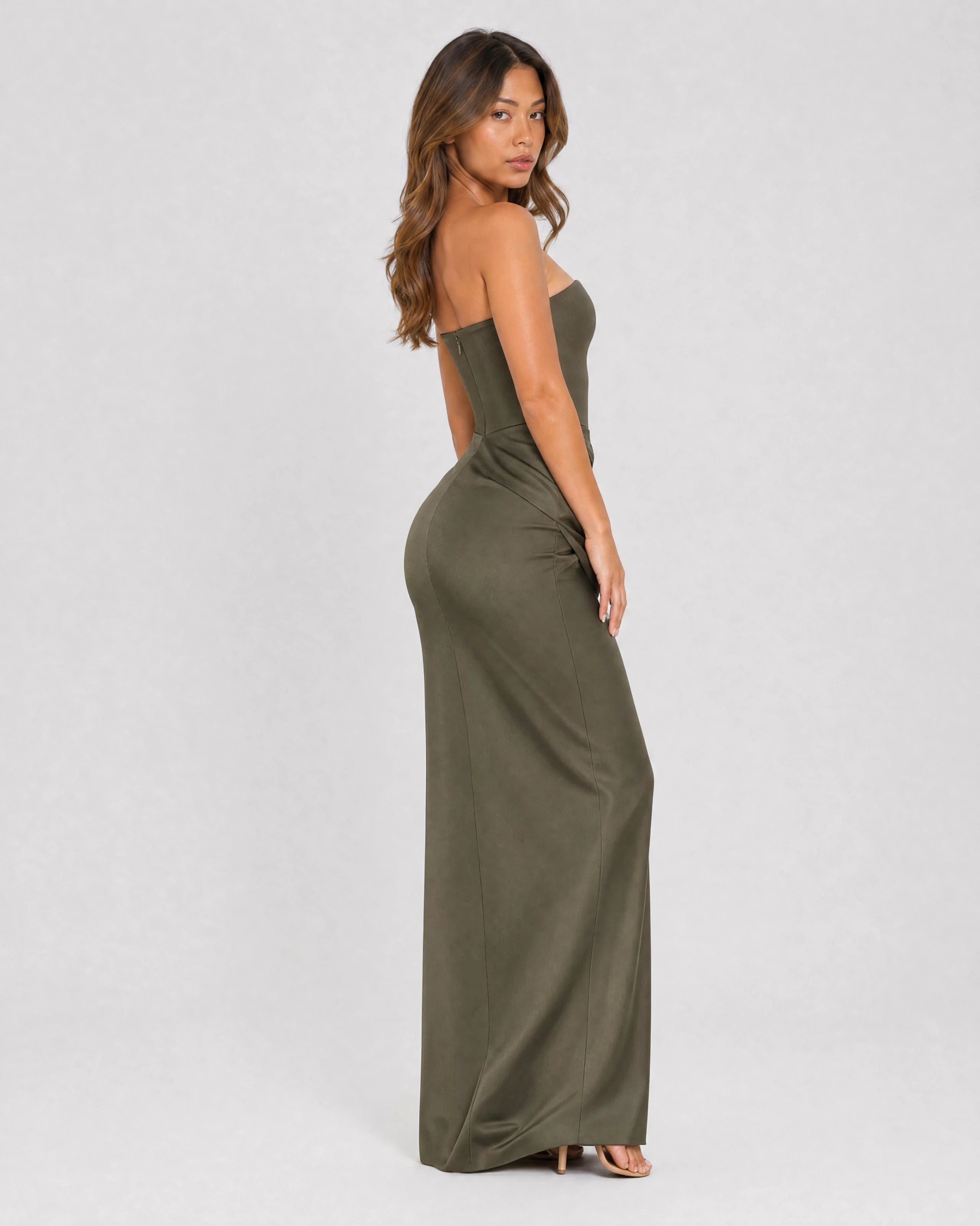 Ondine strapless satin corset maxi dress in olive green, three-quarter back