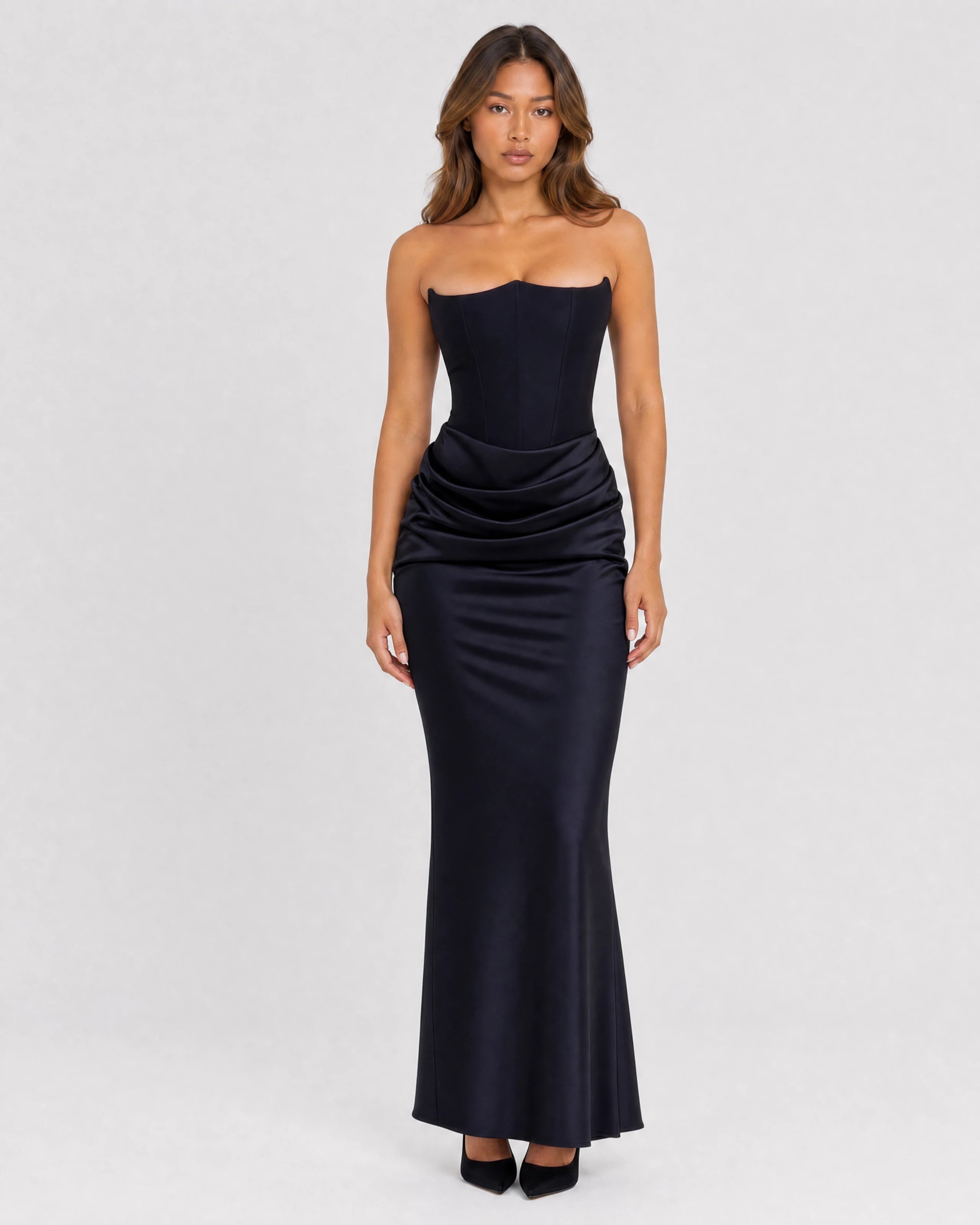 Ondine strapless satin corset maxi dress in black, front studio