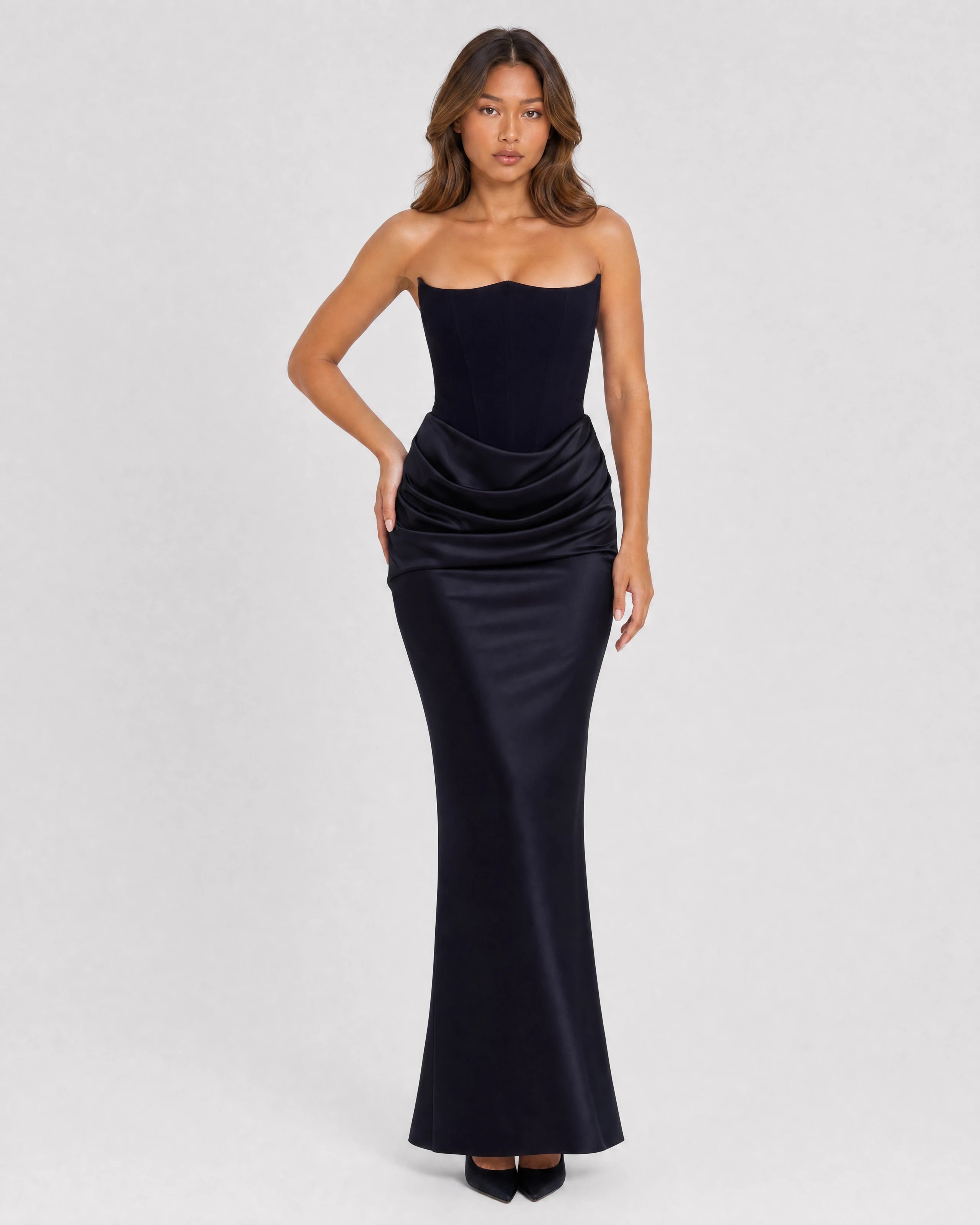 Ondine strapless satin corset maxi dress in black, front variant