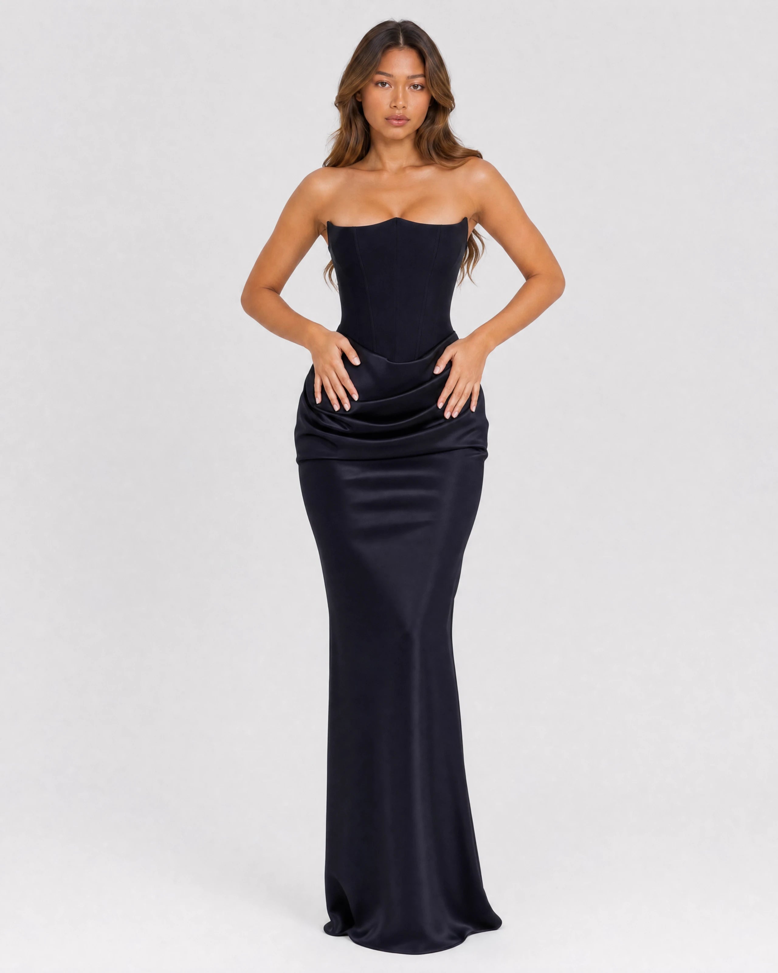 Ondine strapless satin corset maxi dress in black, three-quarter front