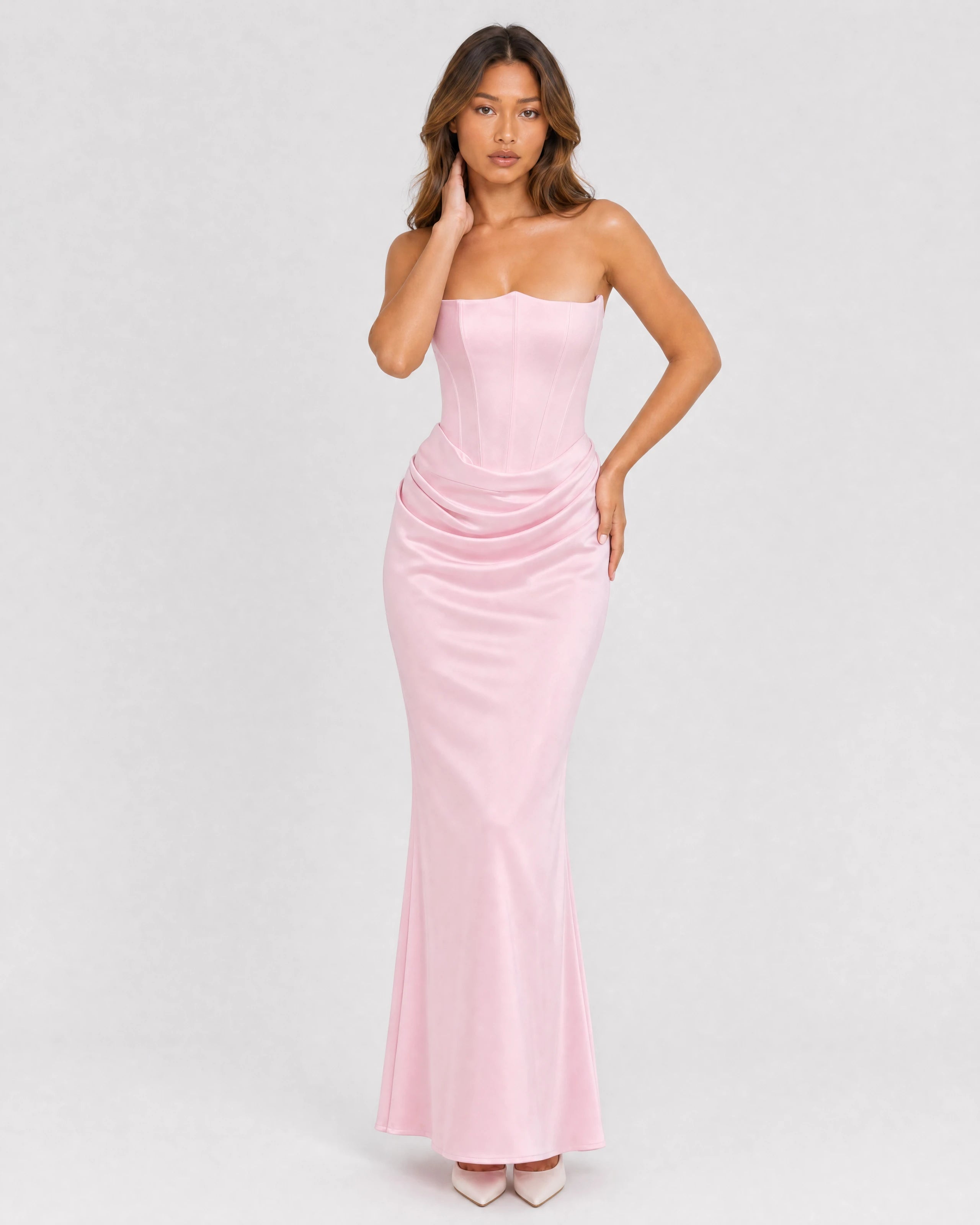 Ondine strapless satin corset maxi dress in pink, front studio