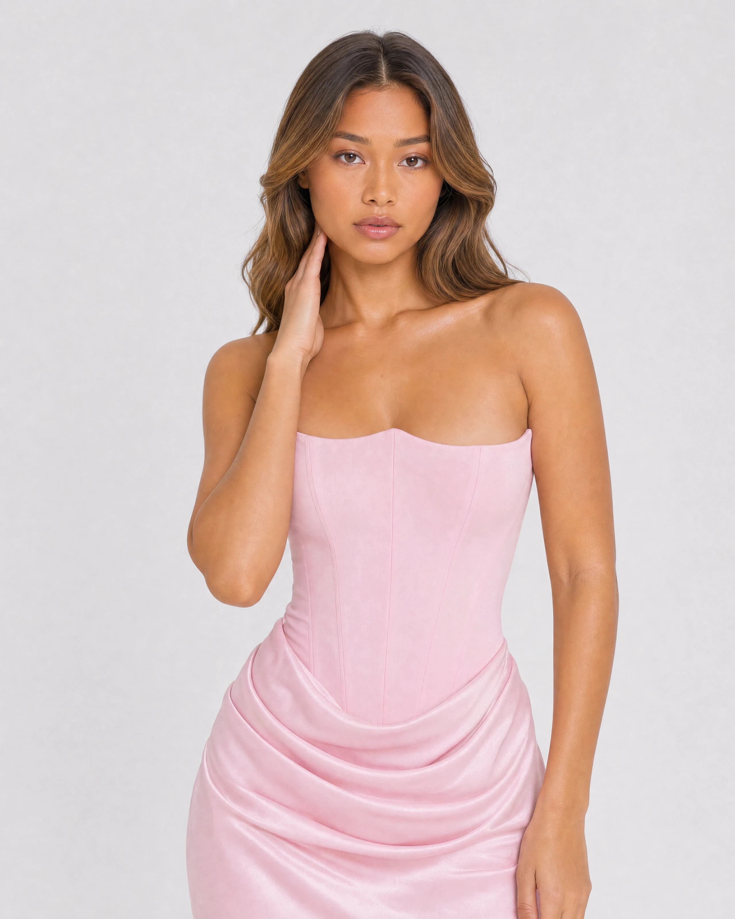 Ondine strapless satin corset maxi dress in pink, waist-up close-up