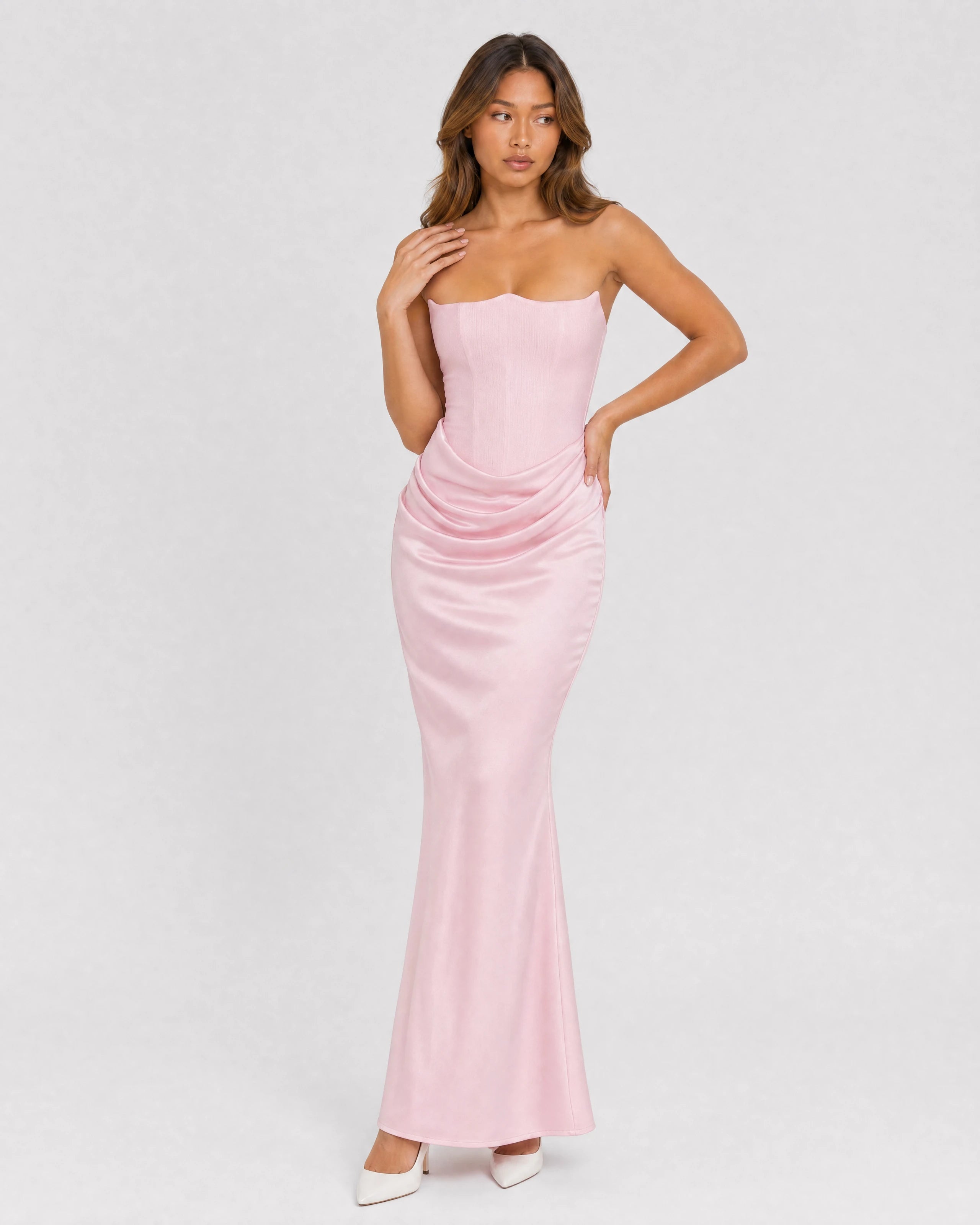 Ondine strapless satin corset maxi dress in pink, three-quarter front