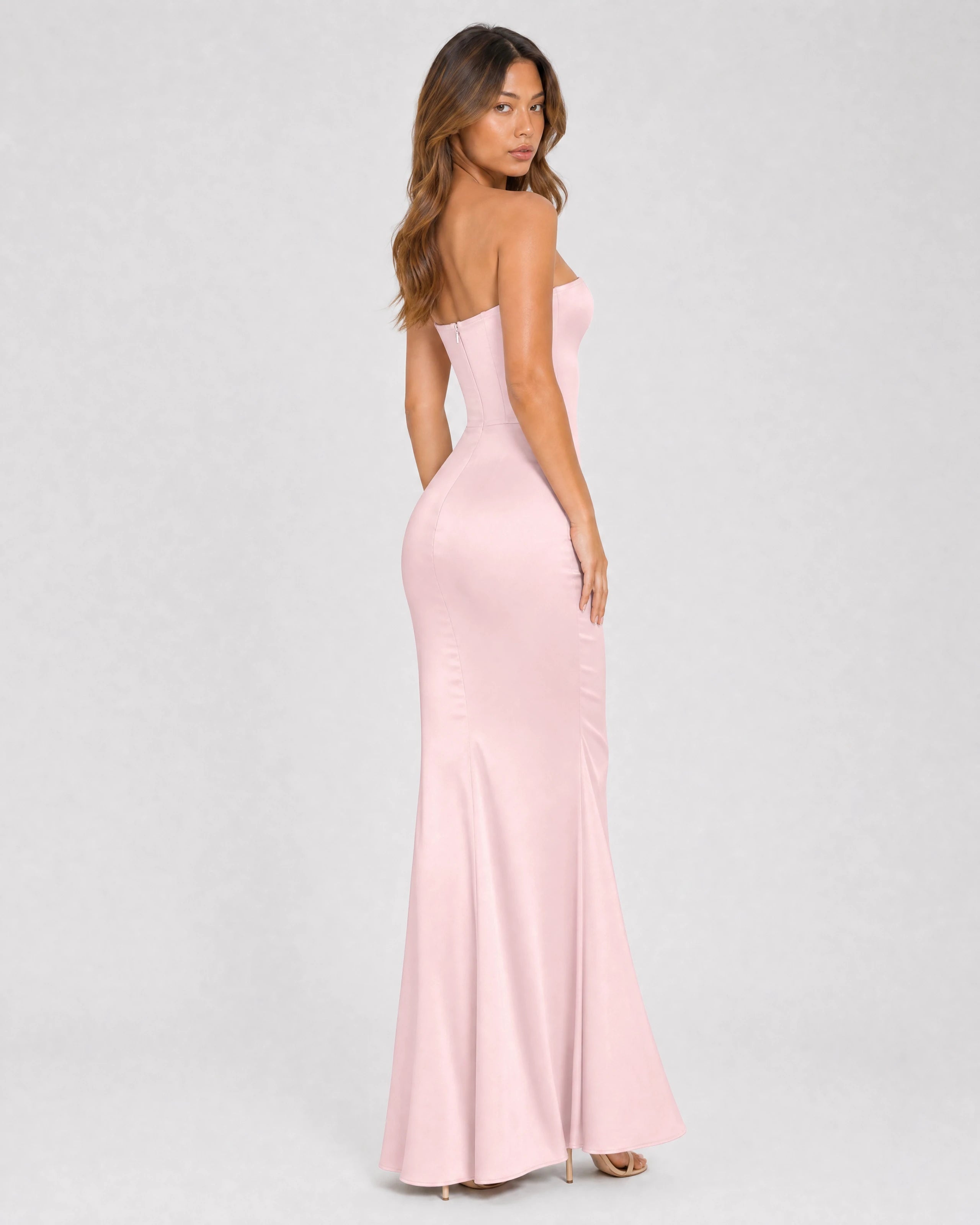 Ondine strapless satin corset maxi dress in pink, three-quarter back