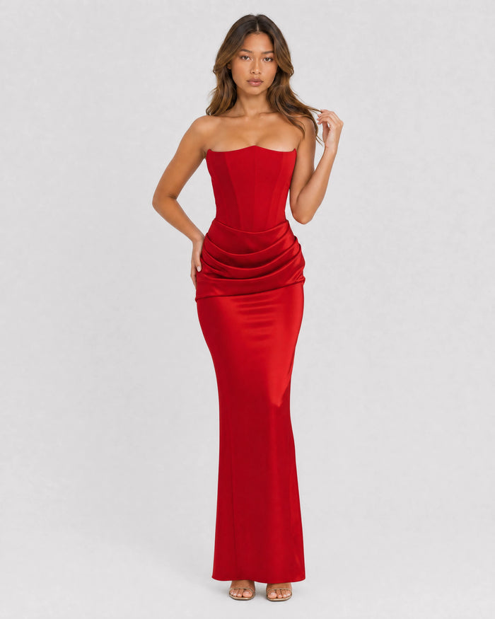 Ondine strapless satin corset maxi dress in red, front variant