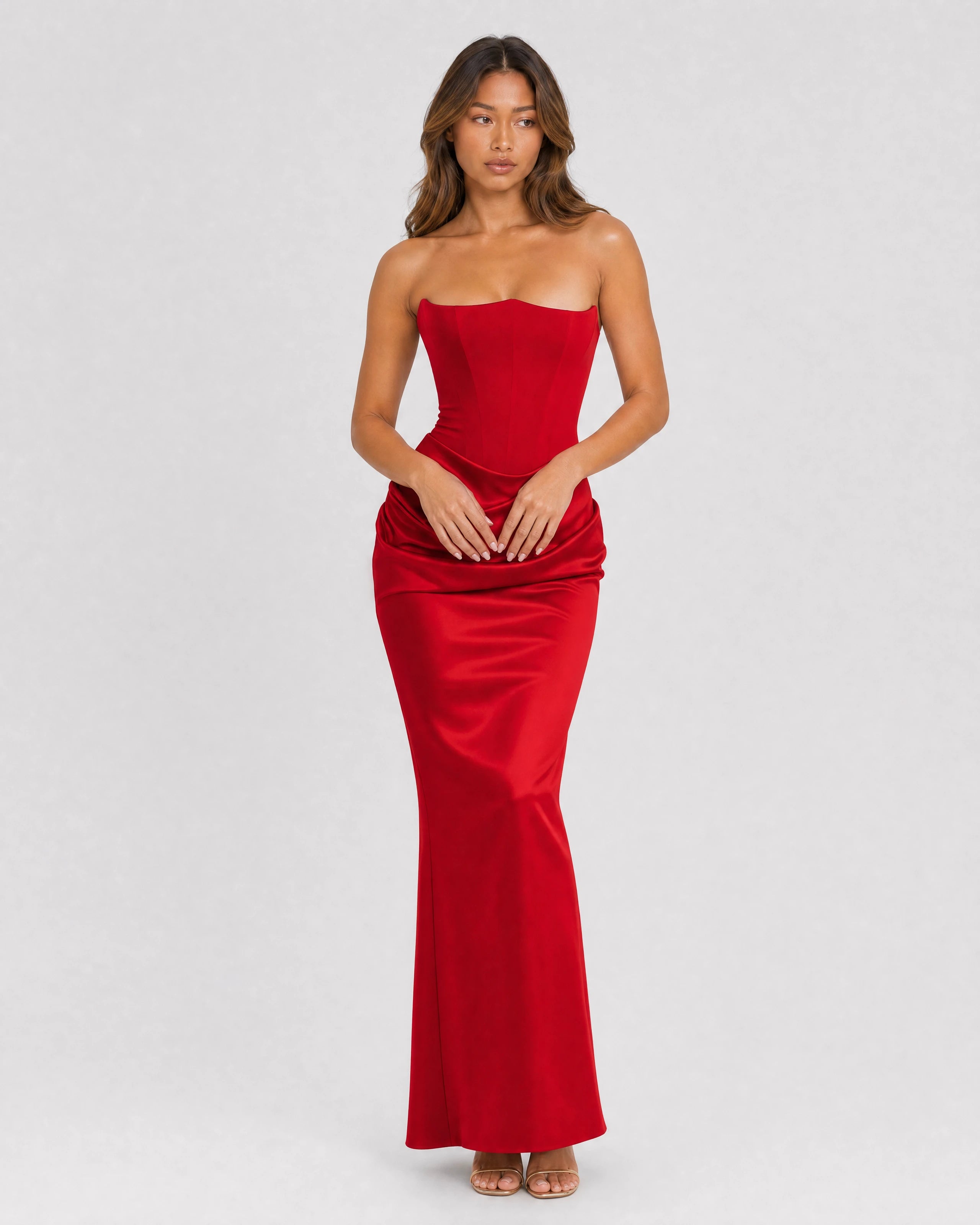 Ondine strapless satin corset maxi dress in red, three-quarter front