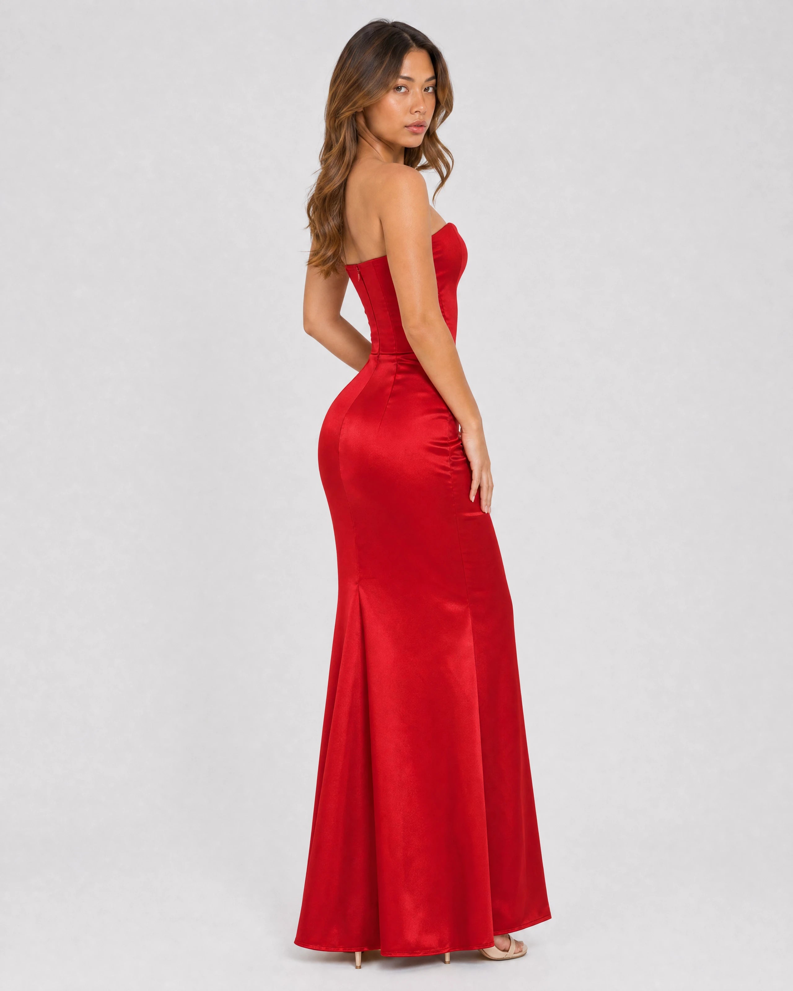 Ondine strapless satin corset maxi dress in red, three-quarter back