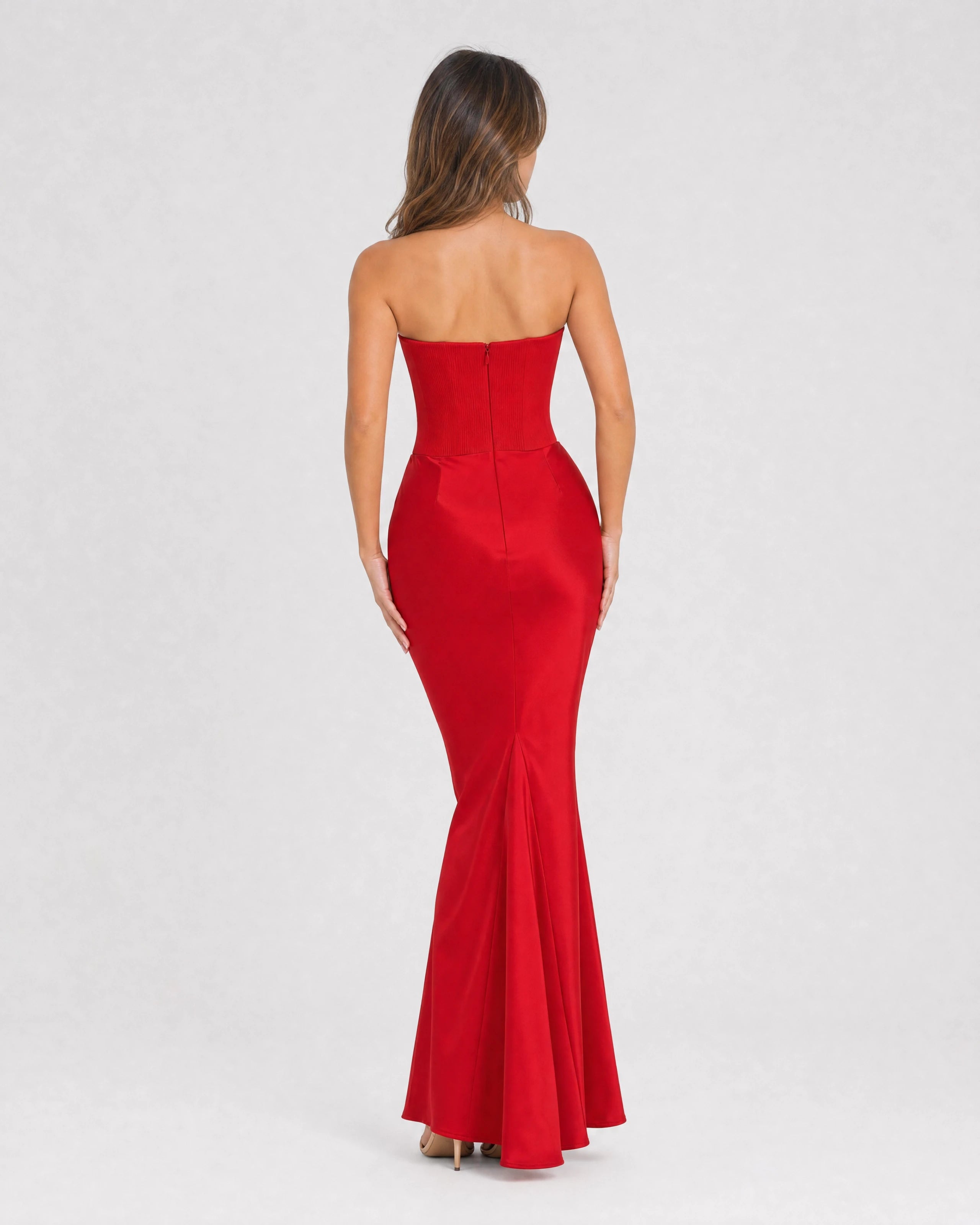 Ondine strapless satin corset maxi dress in red, back view