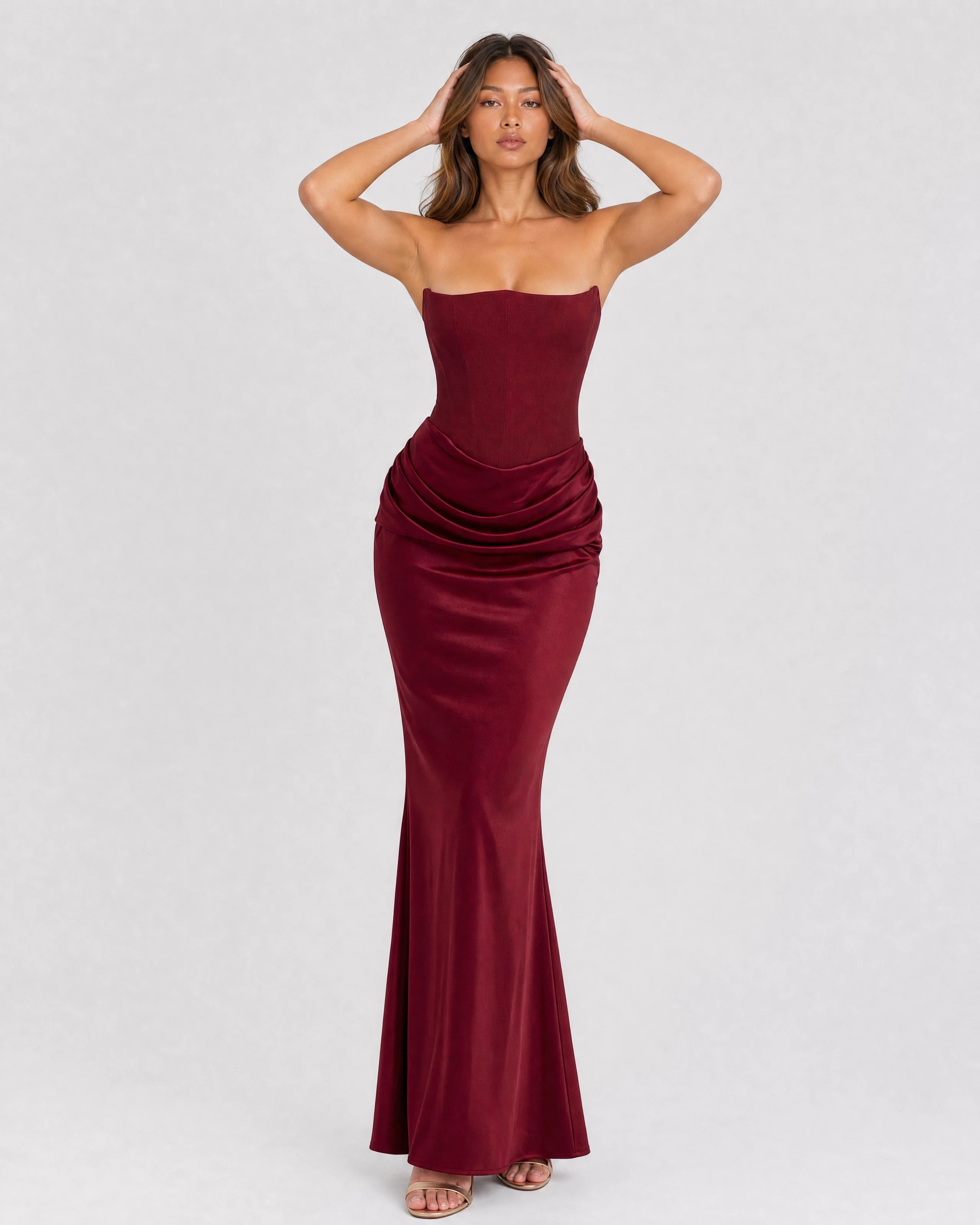 Ondine strapless satin corset maxi dress in wine red, side view