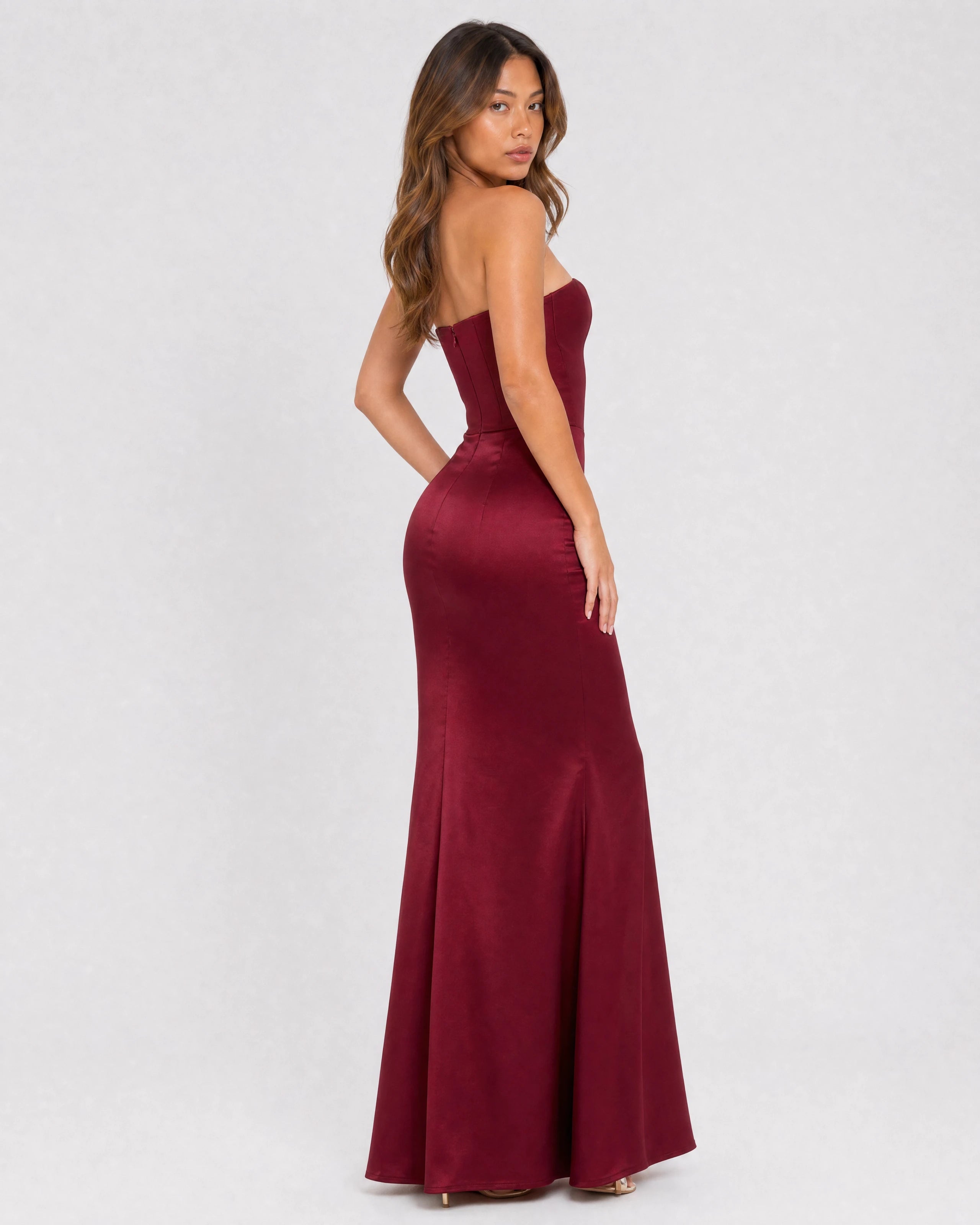 Ondine strapless satin corset maxi dress in wine red, three-quarter back