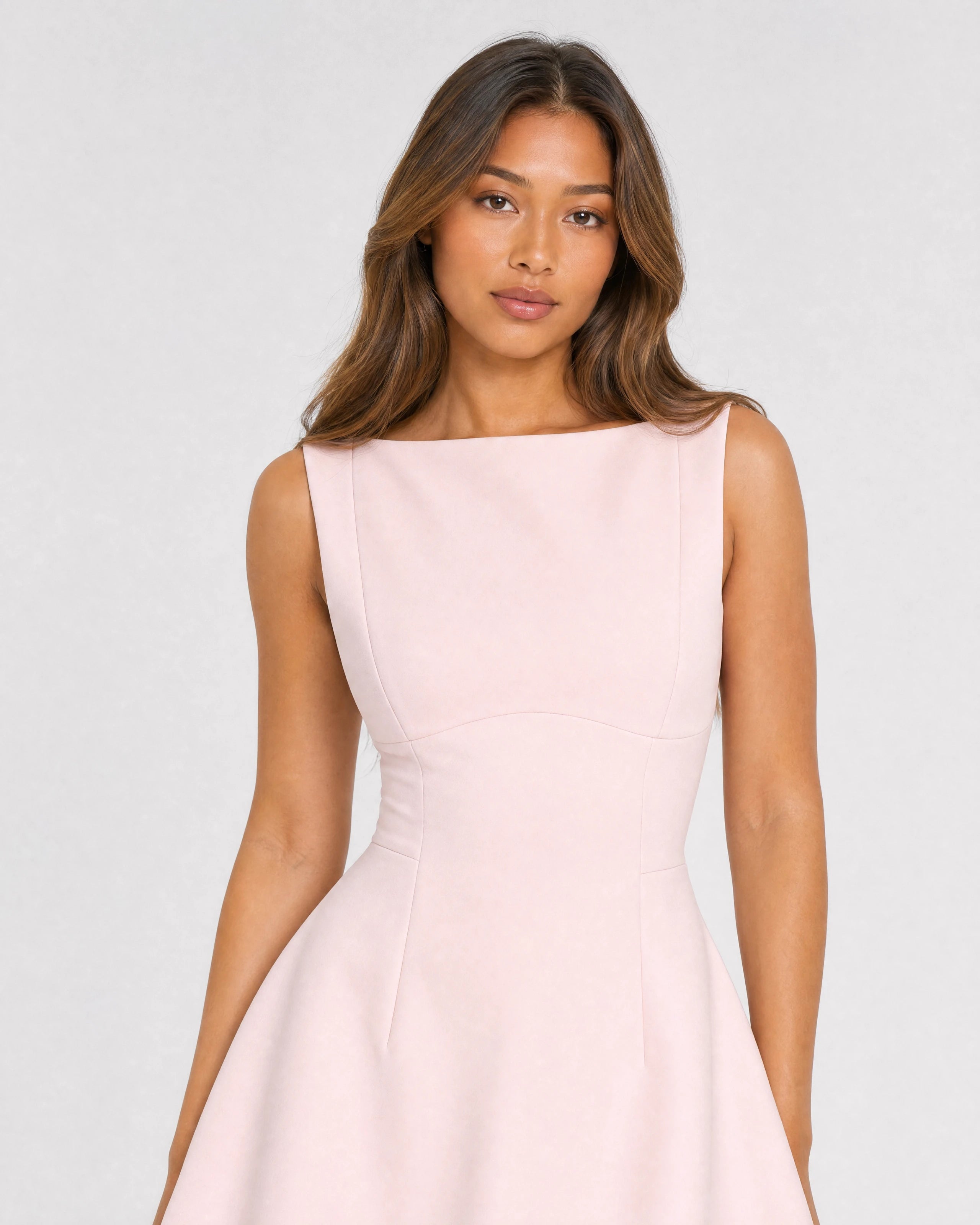 Poppy blush boat neck mini dress with bubble skirt - waist-up close-up