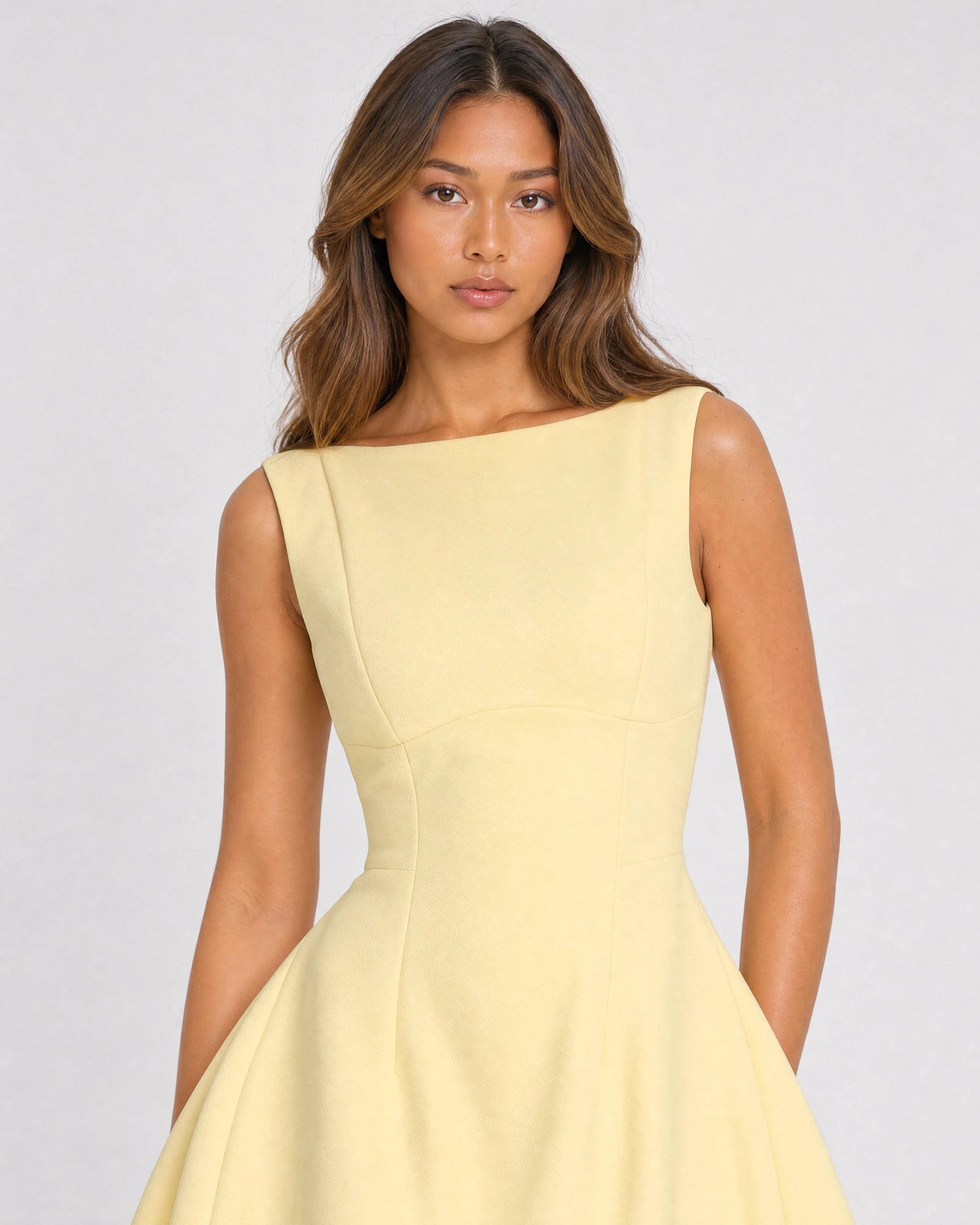 Poppy lemon boat neck mini dress with bubble skirt - waist-up close-up