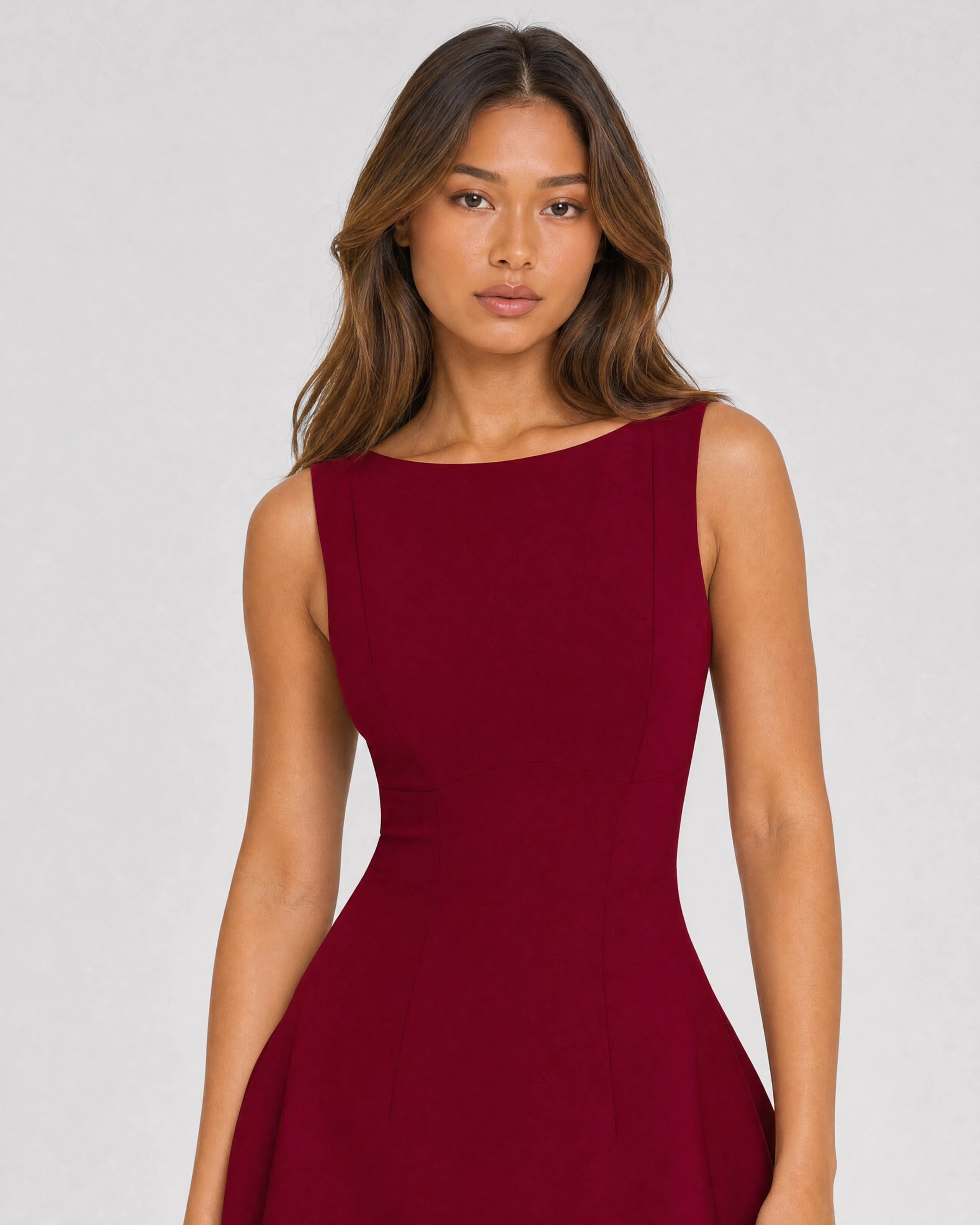 Poppy wine red boat neck mini dress with bubble skirt - waist-up close-up