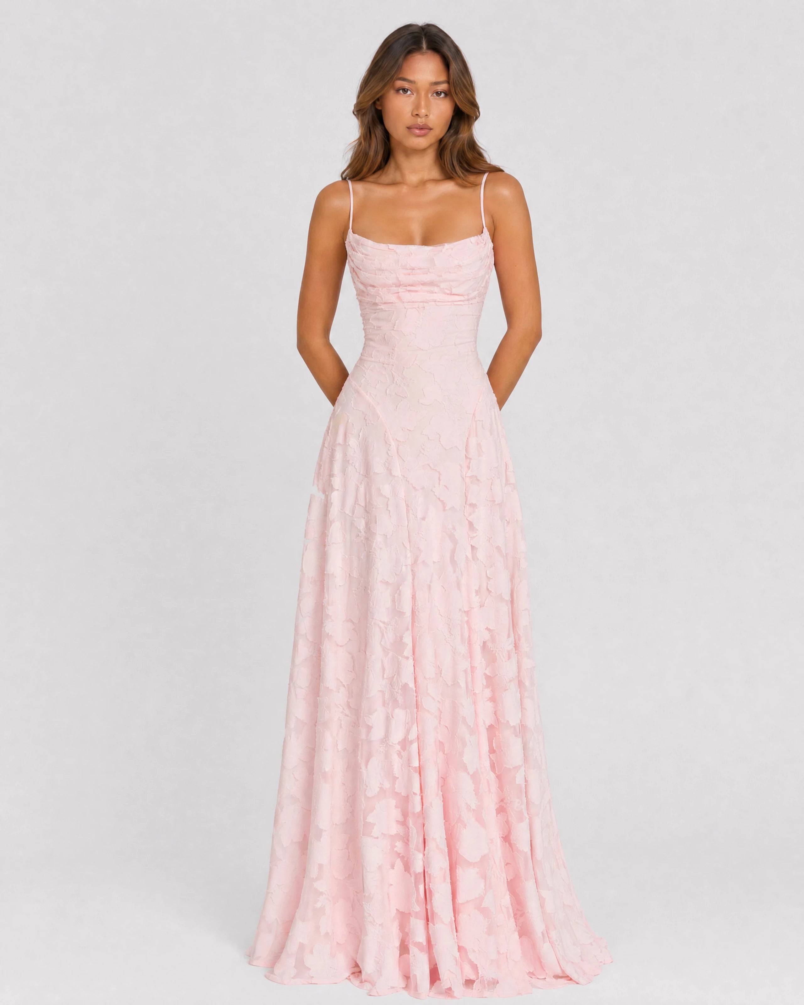 Rosewyn blush floral burnout maxi gown - front view alternate pose