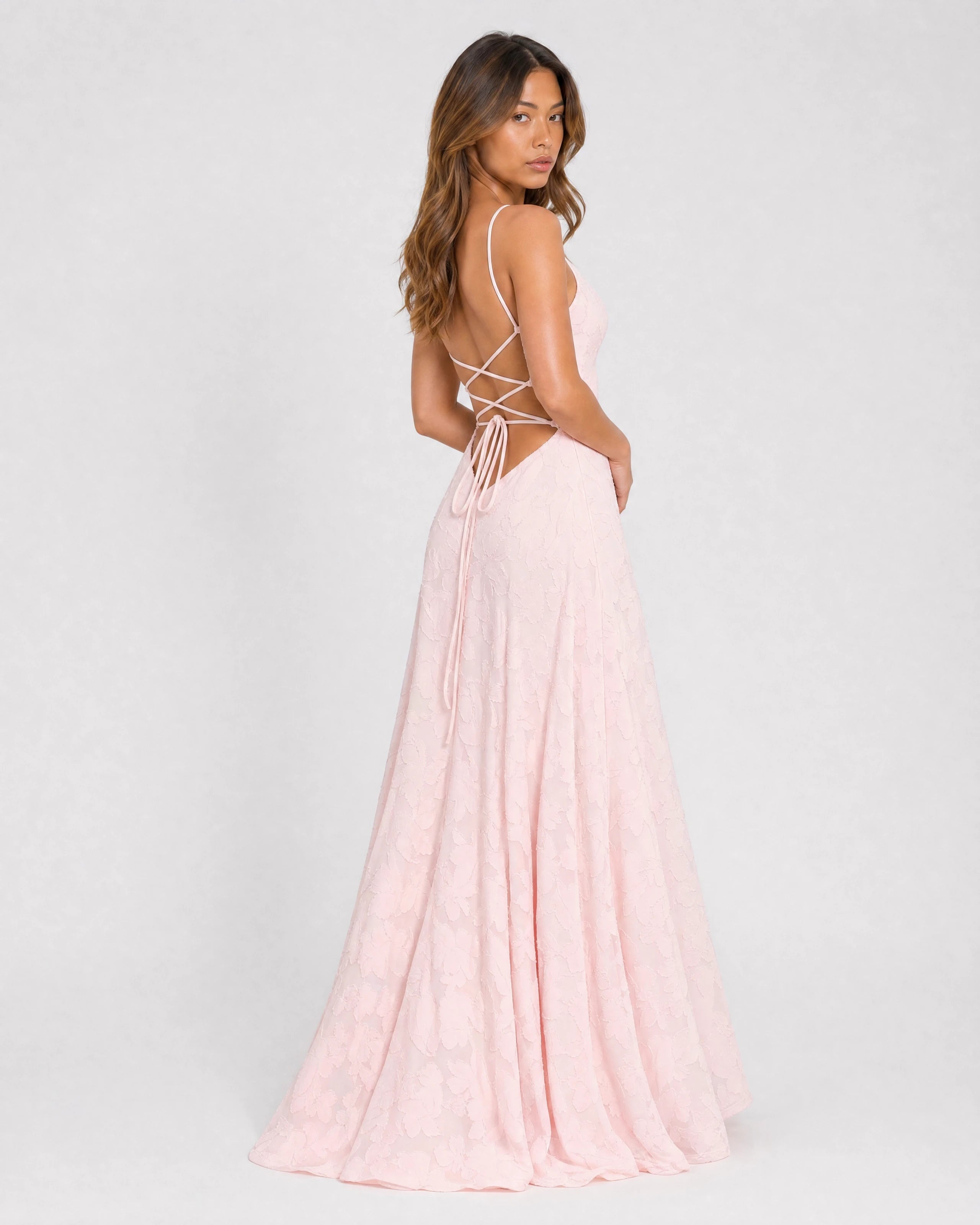 Rosewyn blush floral burnout maxi gown - three-quarter back view