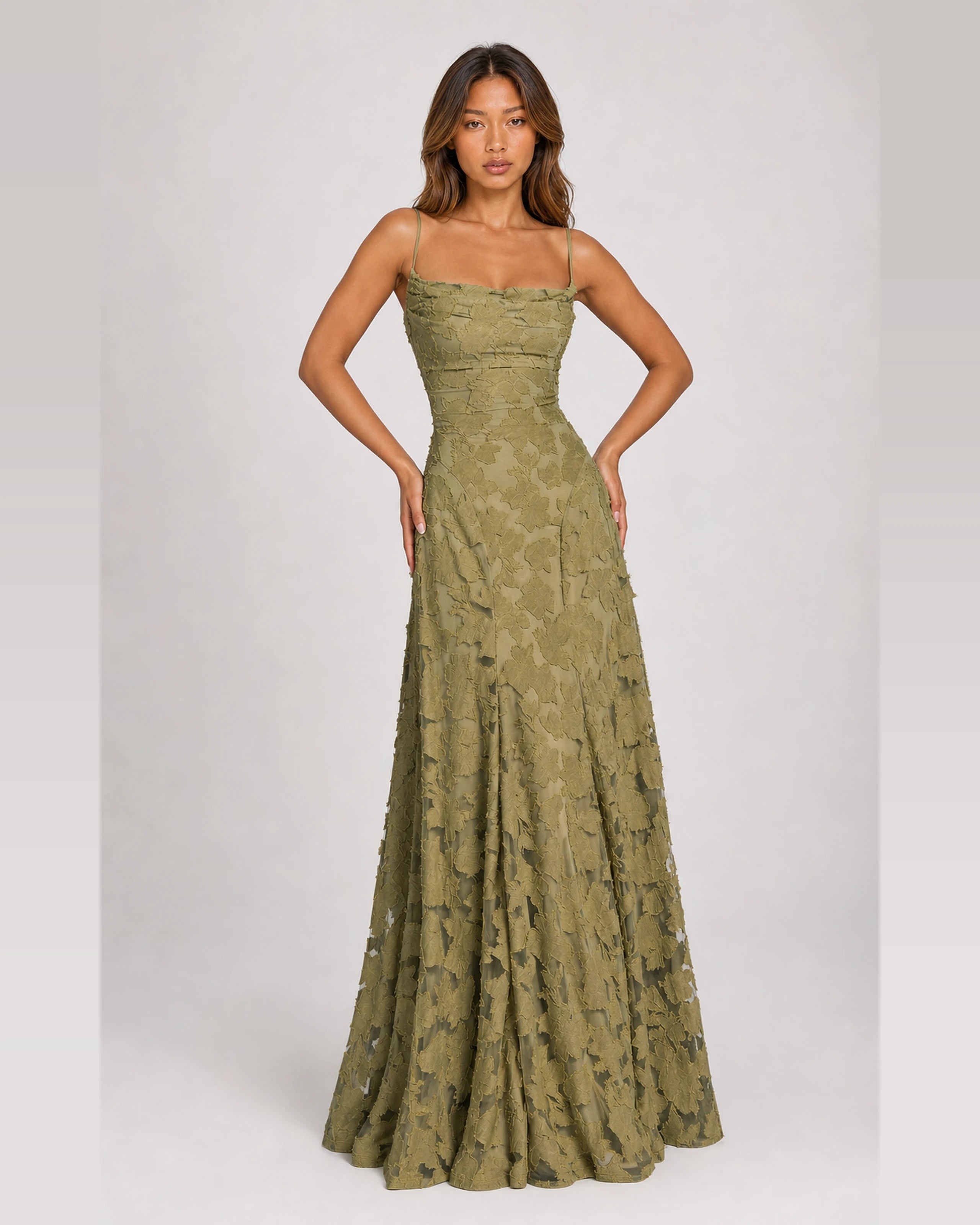 Rosewyn sage green floral burnout maxi gown - front view